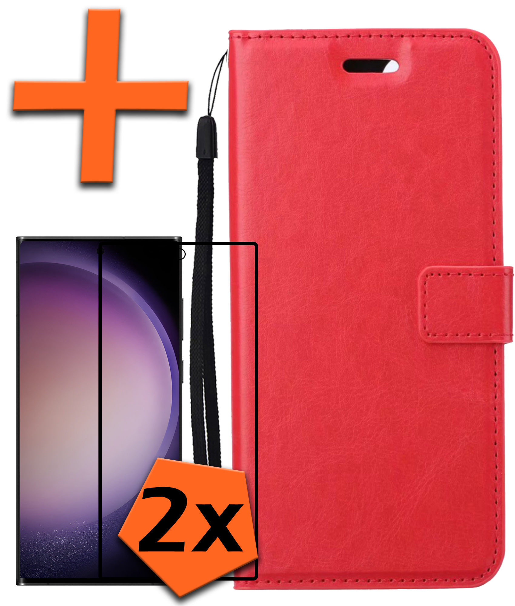 Nomfy Hoesje Geschikt voor Samsung S23 Ultra Hoes Bookcase Flipcase Book Cover Met 2x Screenprotector - Hoes Geschikt voor Samsung Galaxy S23 Ultra Hoesje Book Case - Rood