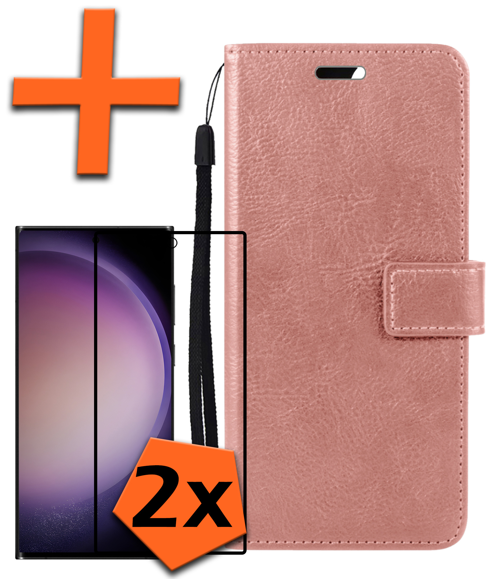 Nomfy Hoesje Geschikt voor Samsung S23 Ultra Hoes Bookcase Flipcase Book Cover Met 2x Screenprotector - Hoes Geschikt voor Samsung Galaxy S23 Ultra Hoesje Book Case - Rosé goud