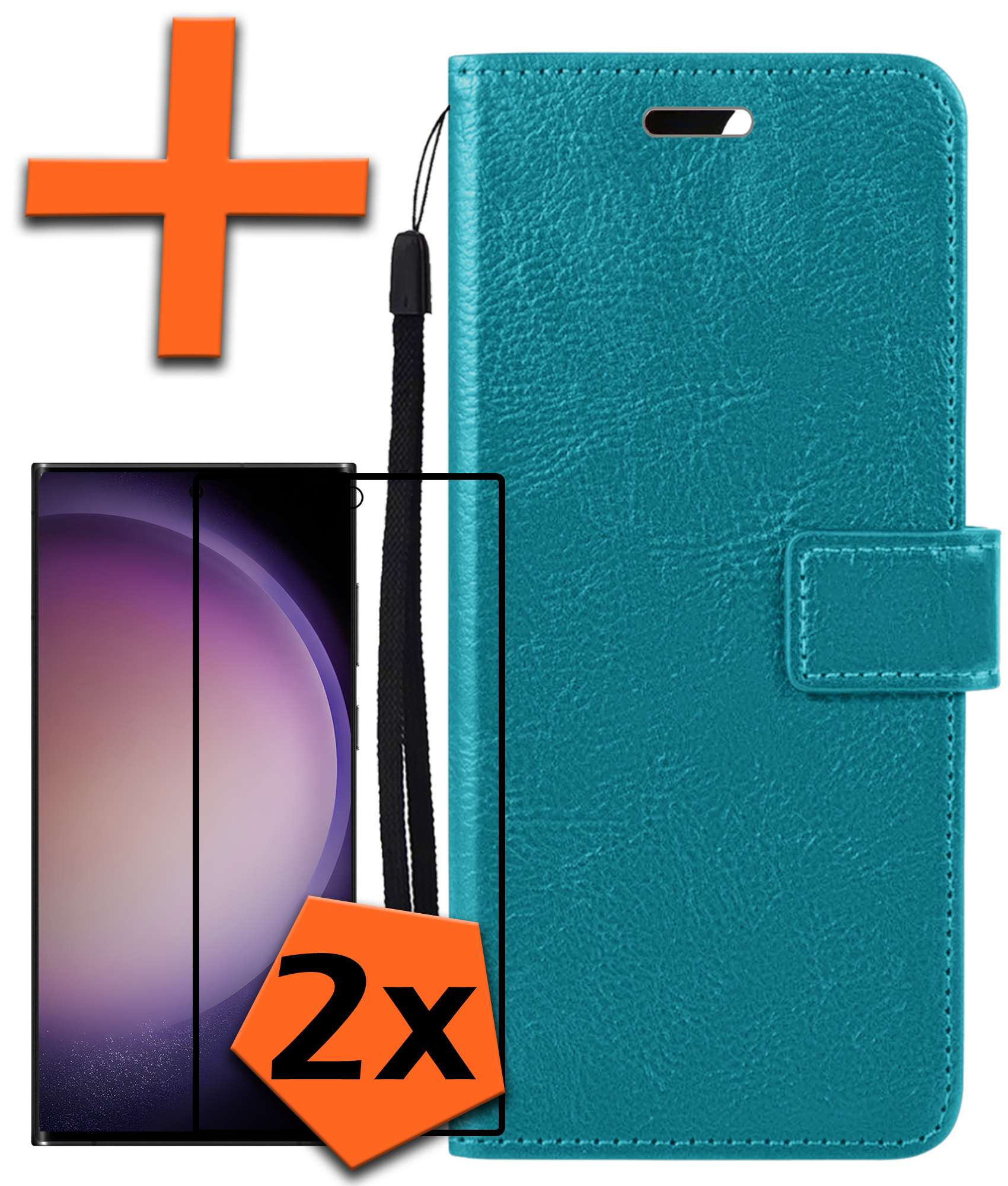 Nomfy Hoesje Geschikt voor Samsung S23 Ultra Hoes Bookcase Flipcase Book Cover Met 2x Screenprotector - Hoes Geschikt voor Samsung Galaxy S23 Ultra Hoesje Book Case - Turquoise