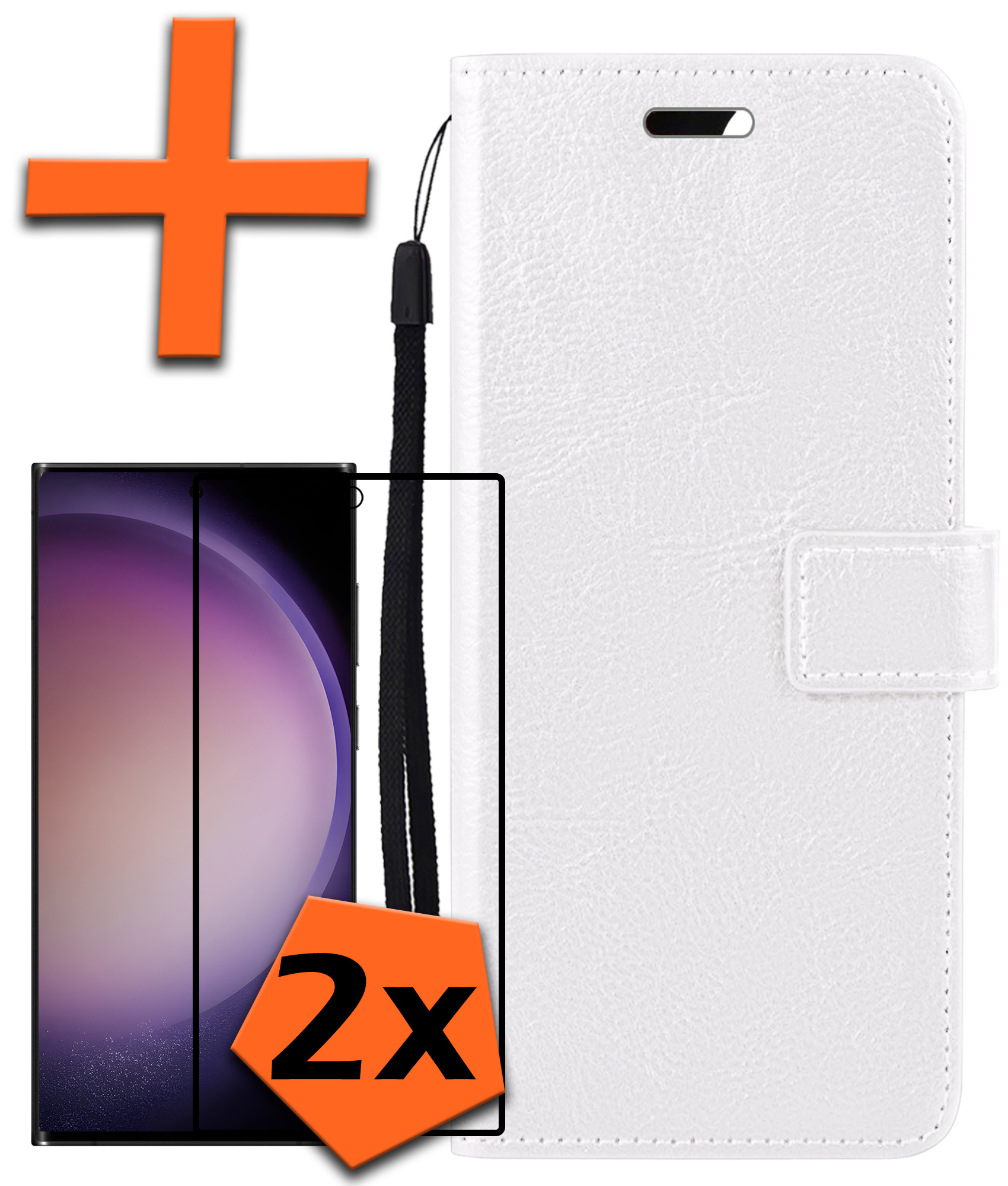 Nomfy Hoesje Geschikt voor Samsung S23 Ultra Hoes Bookcase Flipcase Book Cover Met 2x Screenprotector - Hoes Geschikt voor Samsung Galaxy S23 Ultra Hoesje Book Case - Wit