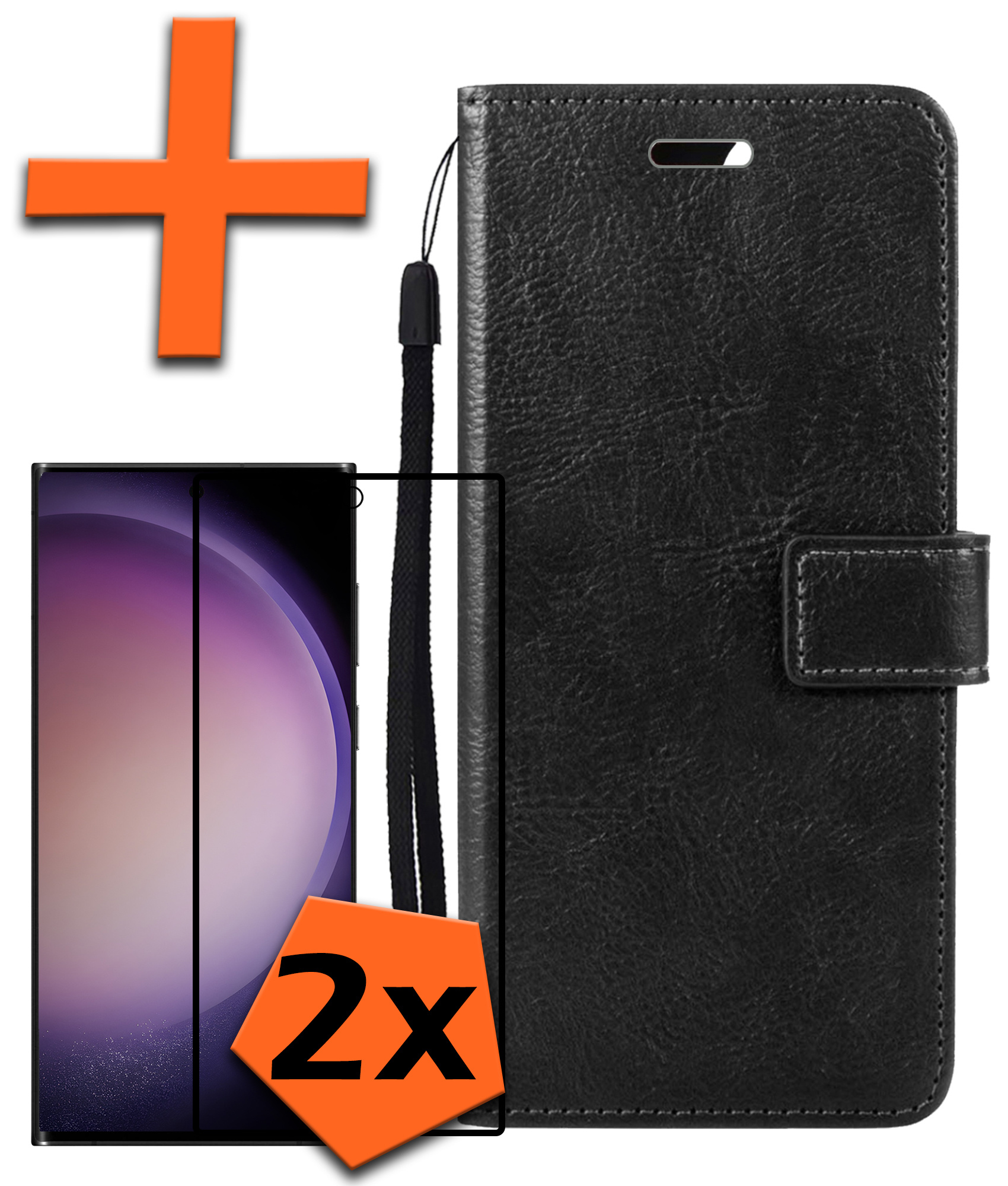 Nomfy Hoesje Geschikt voor Samsung S23 Ultra Hoes Bookcase Flipcase Book Cover Met 2x Screenprotector - Hoes Geschikt voor Samsung Galaxy S23 Ultra Hoesje Book Case - Zwart