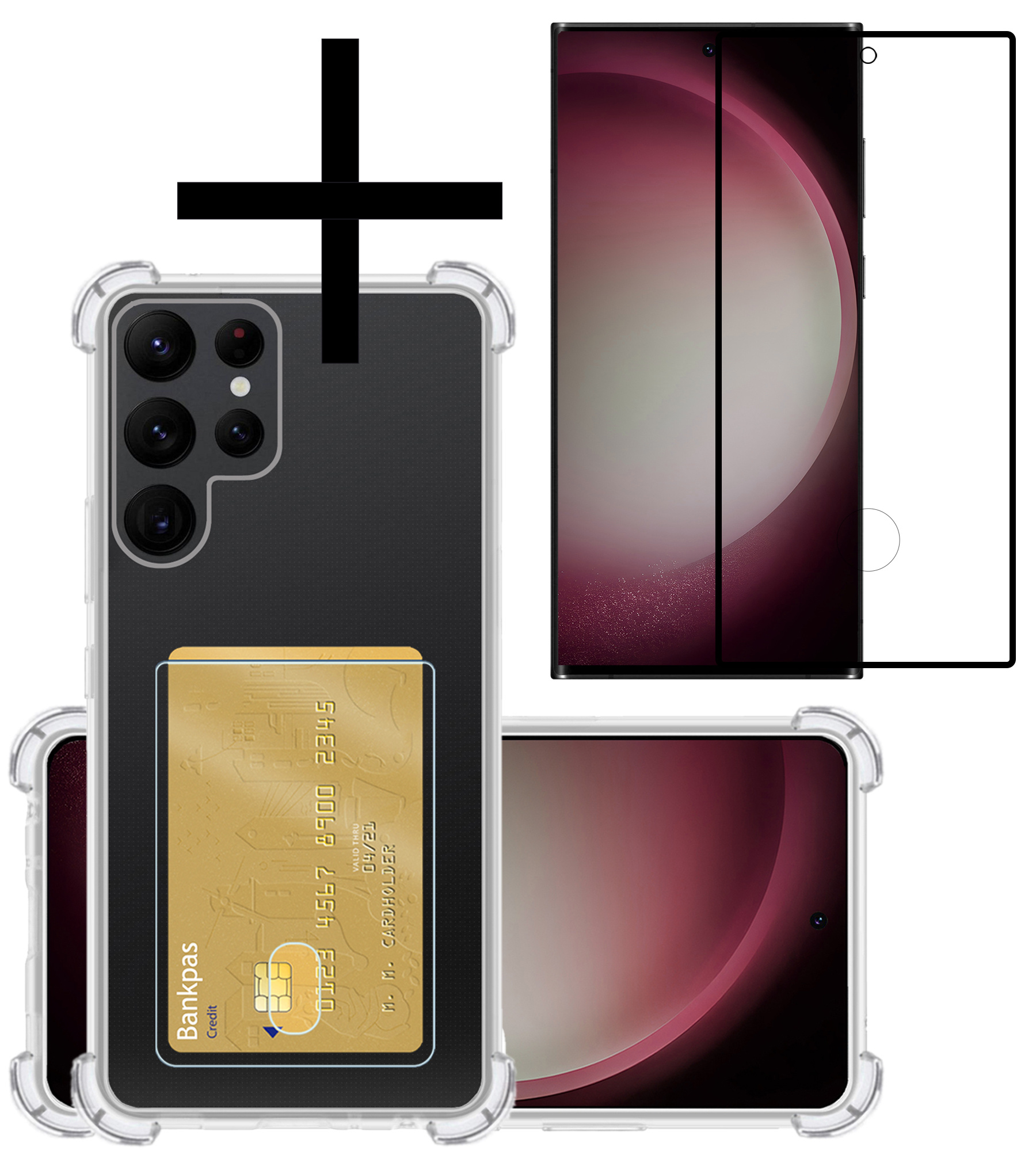 NoXx Hoes Geschikt voor Samsung S23 Ultra Hoesje Pasjeshouder Cover Shock Proof Case Siliconen Hoes Met Kaarthouder Met Screenprotector - Transparant