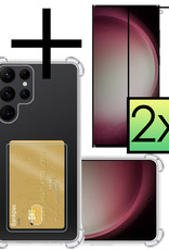 NoXx Hoes Geschikt voor Samsung S23 Ultra Hoesje Pasjeshouder Cover Shock Proof Case Siliconen Hoes Met Kaarthouder Met 2x Screenprotector - Transparant