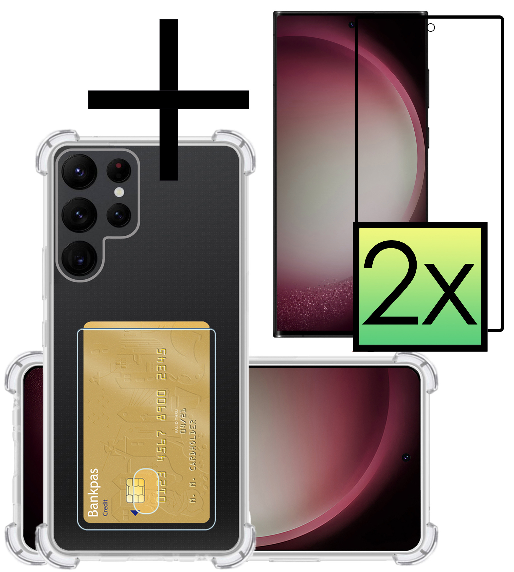 NoXx Hoes Geschikt voor Samsung S23 Ultra Hoesje Pasjeshouder Cover Shock Proof Case Siliconen Hoes Met Kaarthouder Met 2x Screenprotector - Transparant