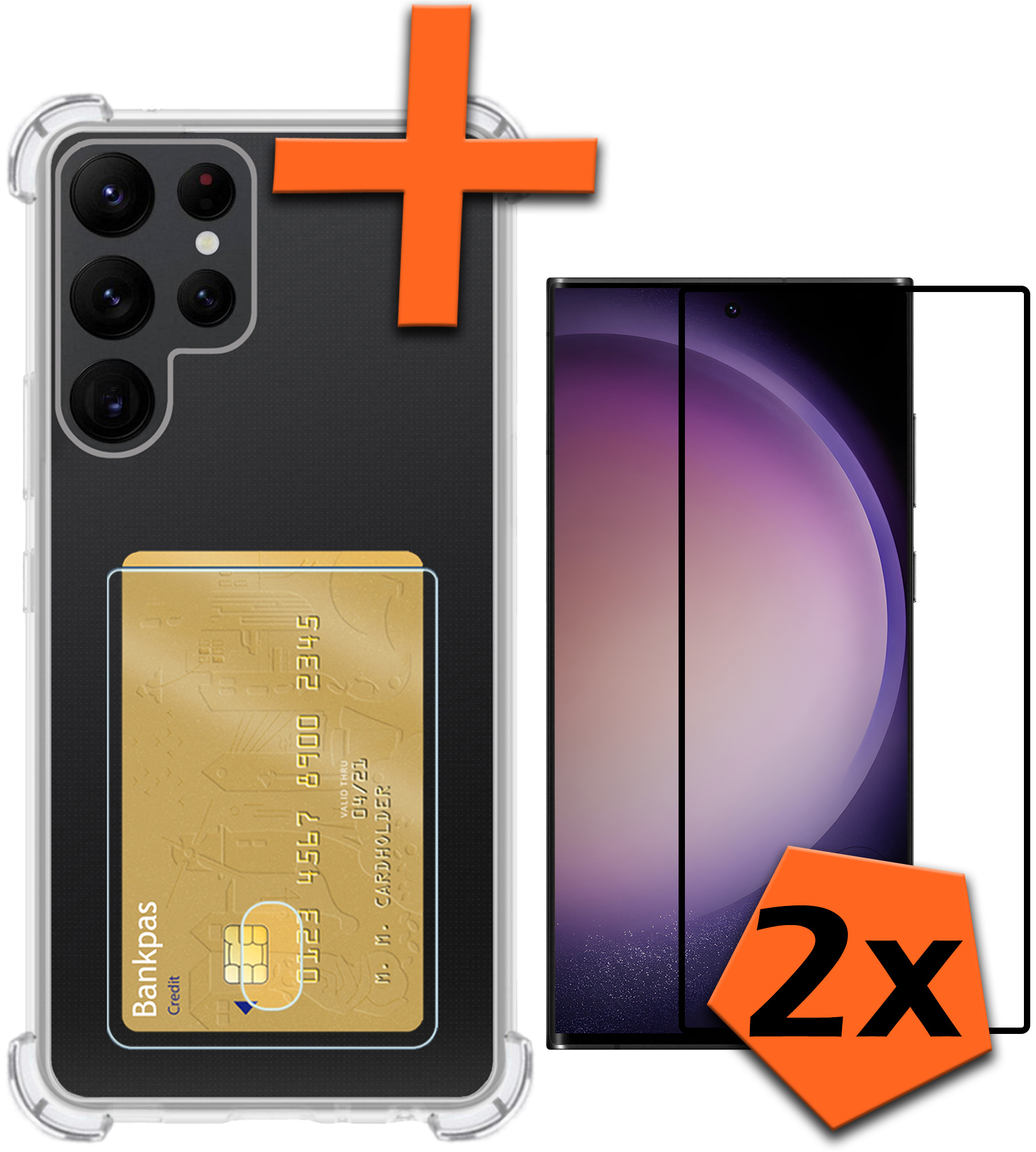 Nomfy Hoesje Geschikt voor Samsung S23 Ultra Hoesje Pasjeshouder Shockproof Pas Houder Met 2x Screenprotector - Hoesje Geschikt voor Samsung Galaxy S23 Ultra Hoes Met Kaarthouder - Transparant