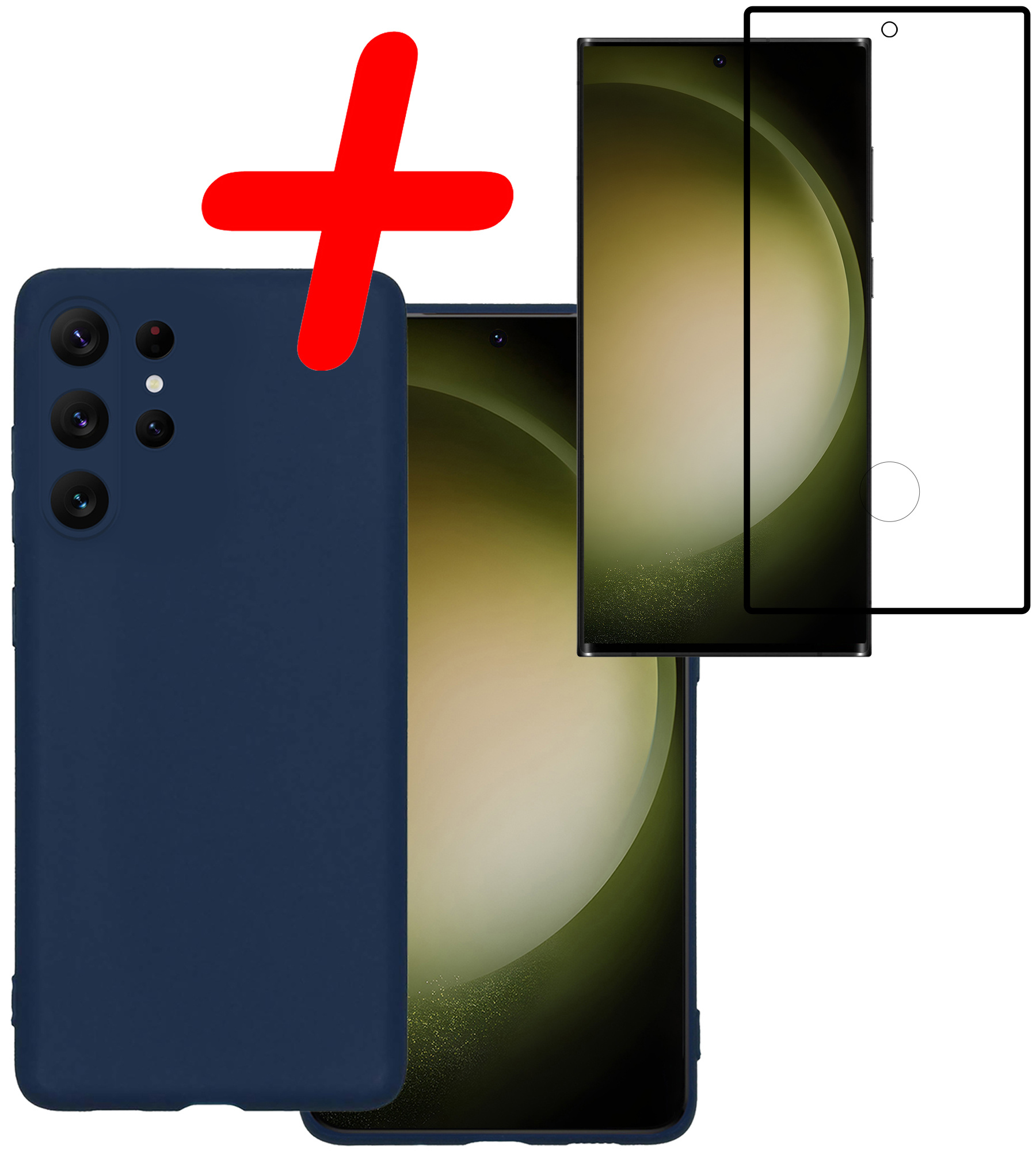 BASEY. Hoes Geschikt voor Samsung S23 Ultra Hoesje Siliconen Back Cover Case Met Screenprotector - Hoesje Geschikt voor Samsung Galaxy S23 Ultra Hoes Cover Hoesje - Donkerblauw