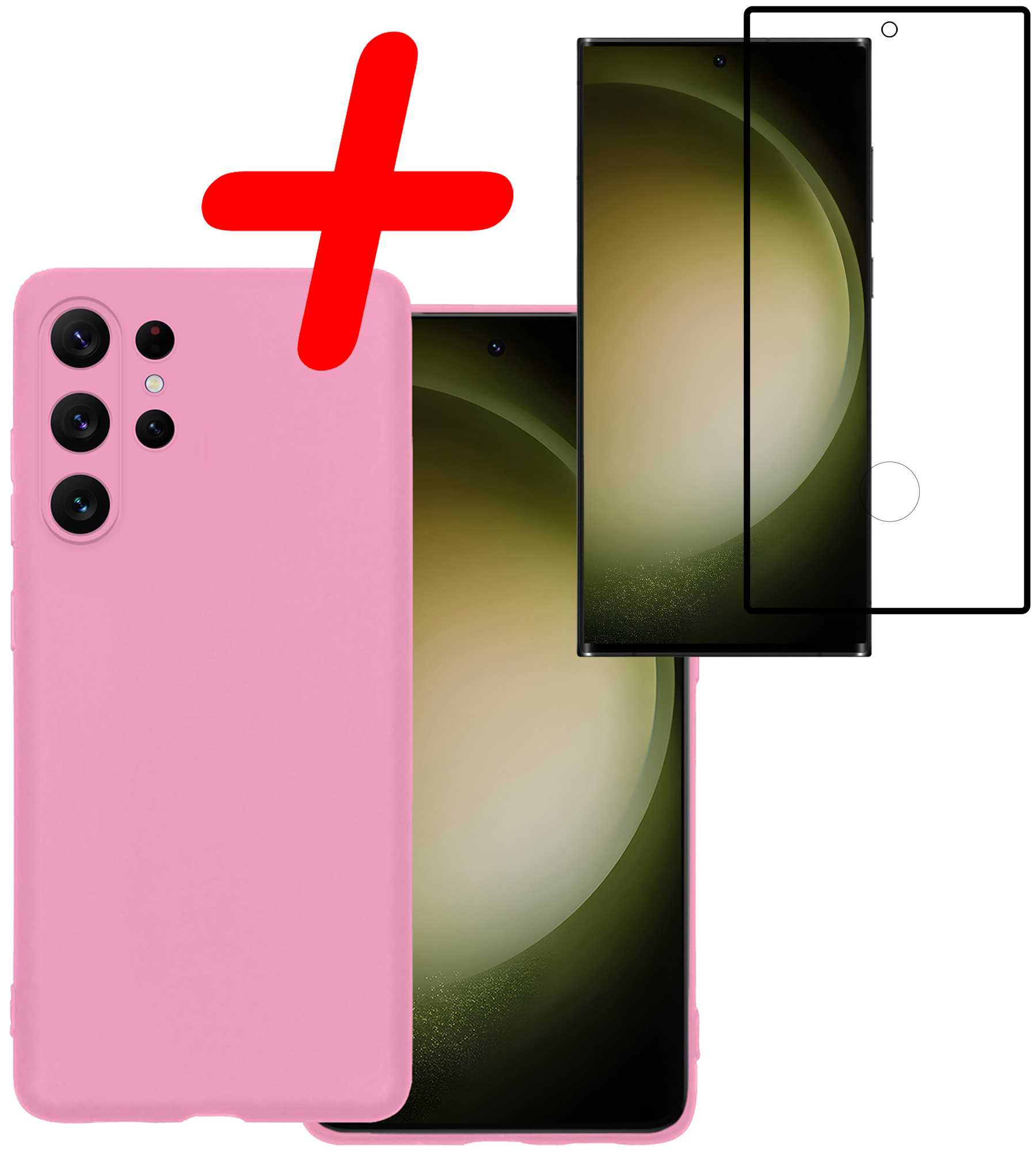 BASEY. Hoes Geschikt voor Samsung S23 Ultra Hoesje Siliconen Back Cover Case Met Screenprotector - Hoesje Geschikt voor Samsung Galaxy S23 Ultra Hoes Cover Hoesje - Lichtroze