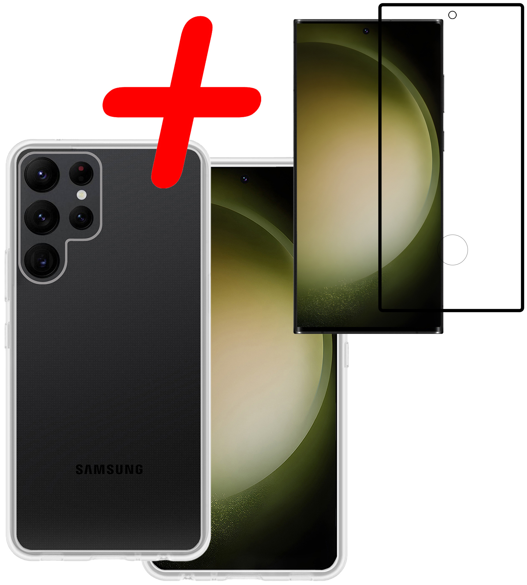 BASEY. Hoes Geschikt voor Samsung S23 Ultra Hoesje Siliconen Back Cover Case Met Screenprotector - Hoesje Geschikt voor Samsung Galaxy S23 Ultra Hoes Cover Hoesje - Transparant