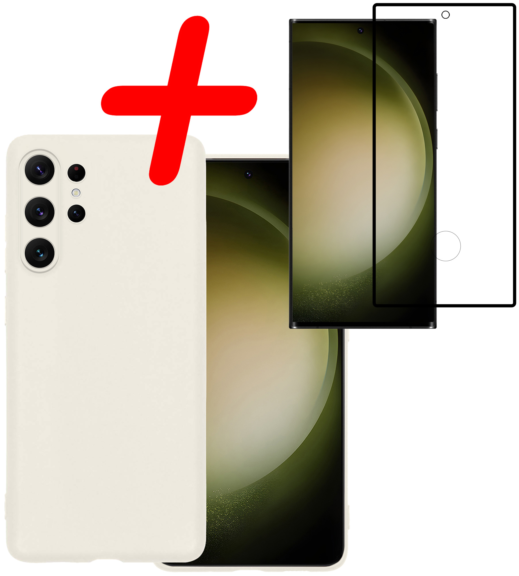 BASEY. Hoes Geschikt voor Samsung S23 Ultra Hoesje Siliconen Back Cover Case Met Screenprotector - Hoesje Geschikt voor Samsung Galaxy S23 Ultra Hoes Cover Hoesje - Wit
