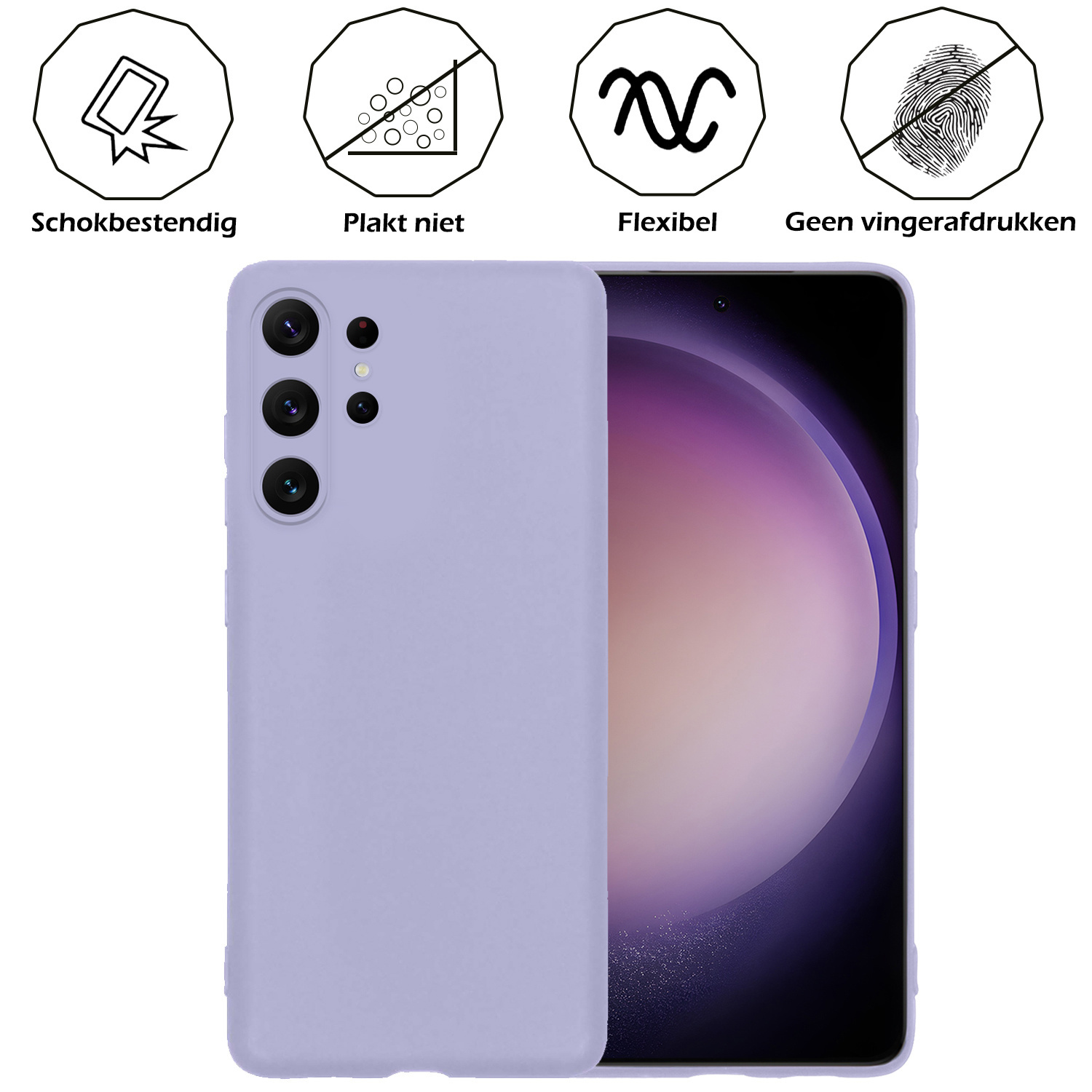 Nomfy Hoesje Geschikt voor Samsung S23 Ultra Hoesje Siliconen Cover Case Met 2x Screenprotector - Hoes Geschikt voor Samsung Galaxy S23 Ultra Hoes Back Case - Lila