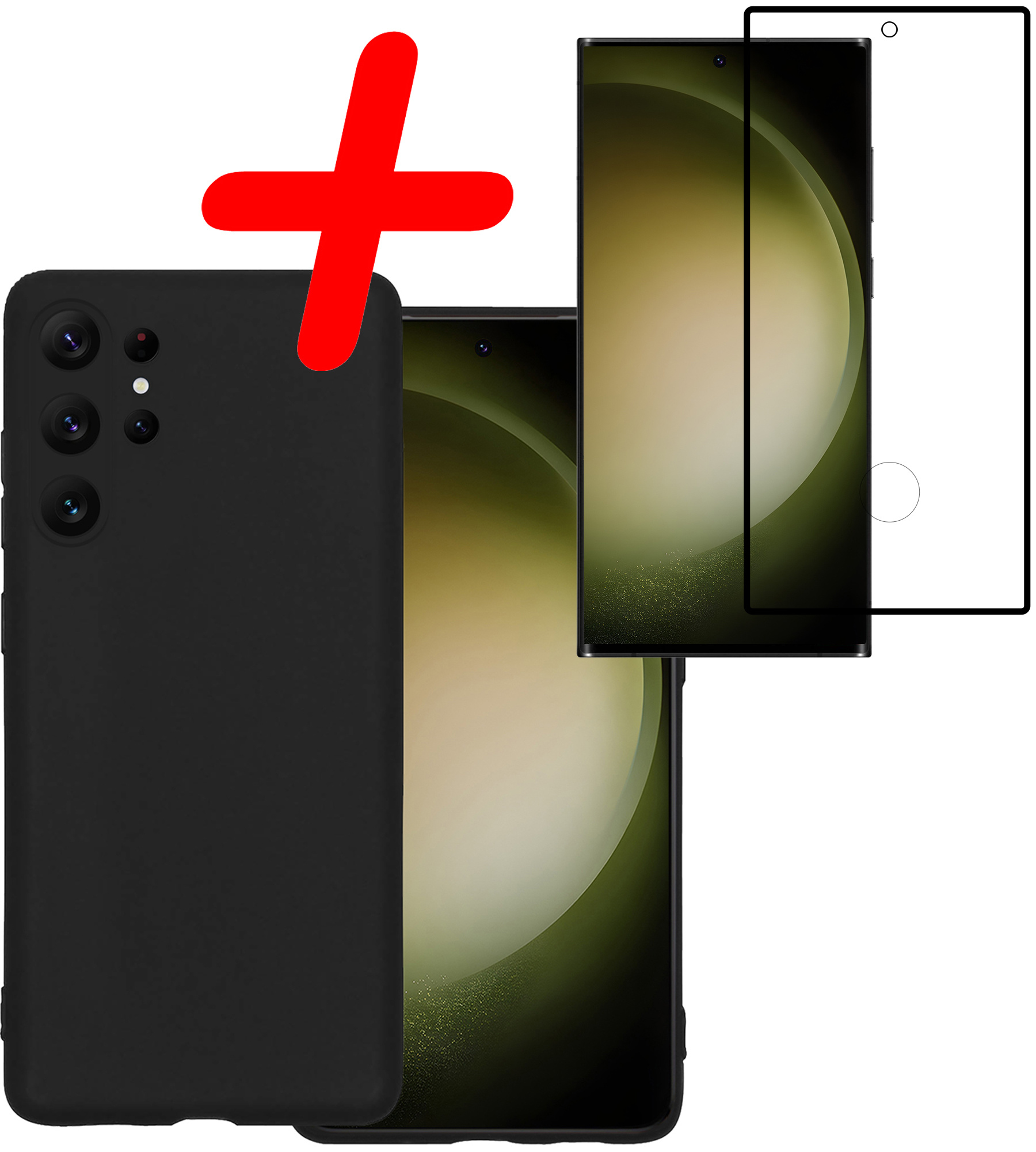 BASEY. Hoes Geschikt voor Samsung S23 Ultra Hoesje Siliconen Back Cover Case Met Screenprotector - Hoesje Geschikt voor Samsung Galaxy S23 Ultra Hoes Cover Hoesje - Zwart