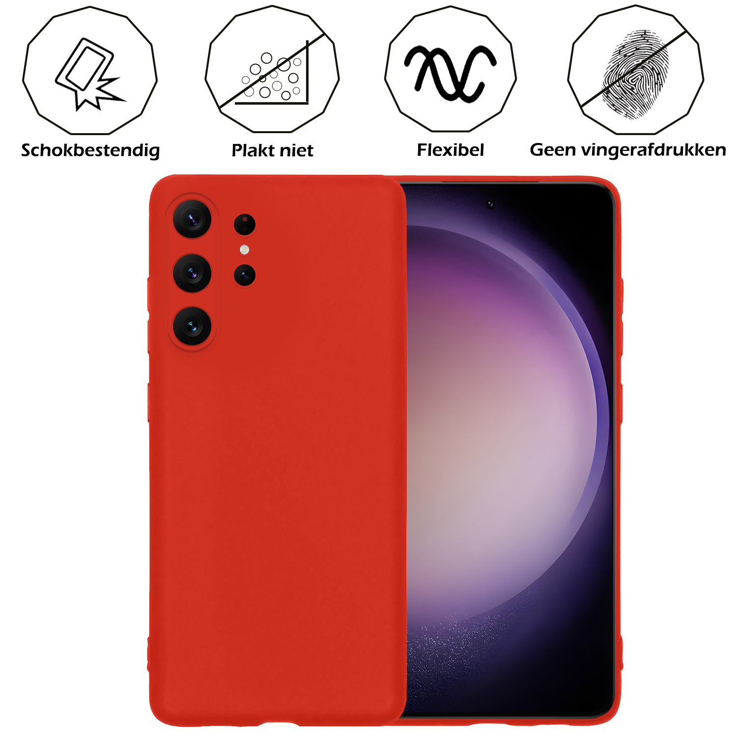 Nomfy Hoesje Geschikt voor Samsung S23 Ultra Hoesje Siliconen Cover Case Met 2x Screenprotector - Hoes Geschikt voor Samsung Galaxy S23 Ultra Hoes Back Case - Rood