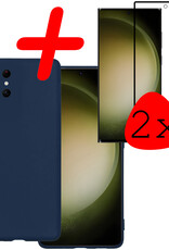 BASEY. Hoes Geschikt voor Samsung S23 Ultra Hoesje Siliconen Back Cover Case Met 2x Screenprotector - Hoesje Geschikt voor Samsung Galaxy S23 Ultra Hoes Cover Hoesje - Donkerblauw