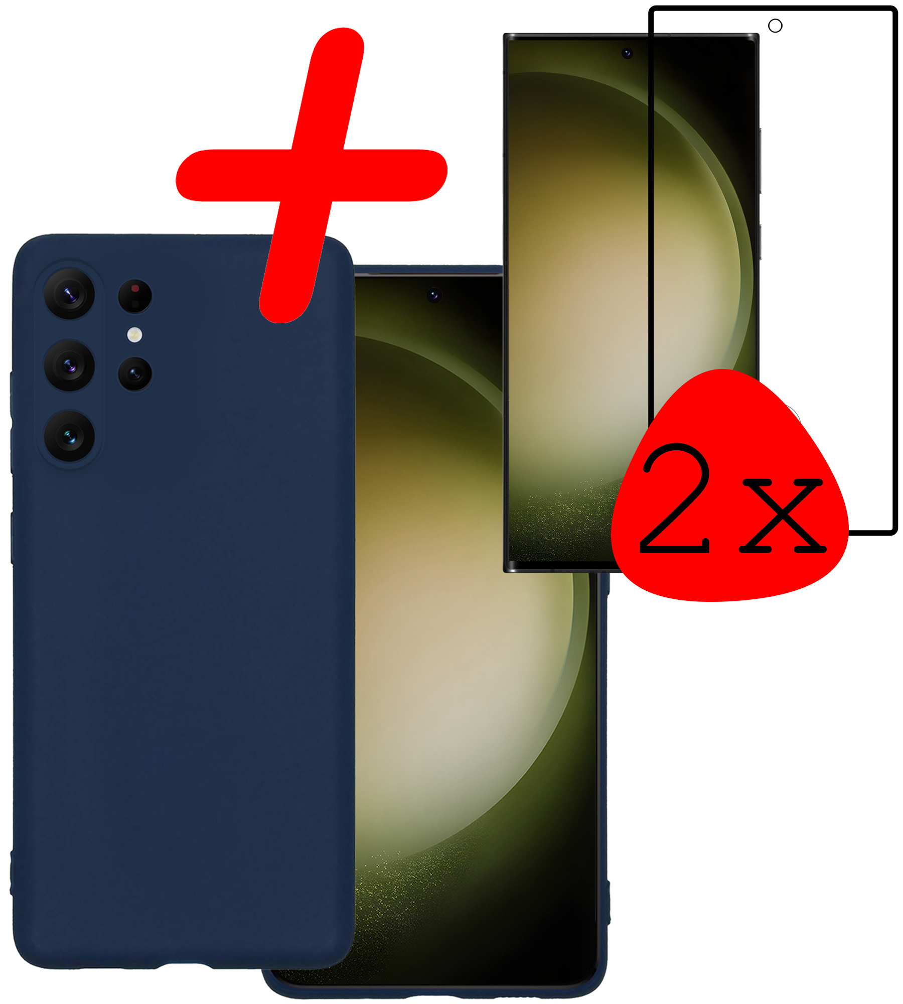 BASEY. Hoes Geschikt voor Samsung S23 Ultra Hoesje Siliconen Back Cover Case Met 2x Screenprotector - Hoesje Geschikt voor Samsung Galaxy S23 Ultra Hoes Cover Hoesje - Donkerblauw