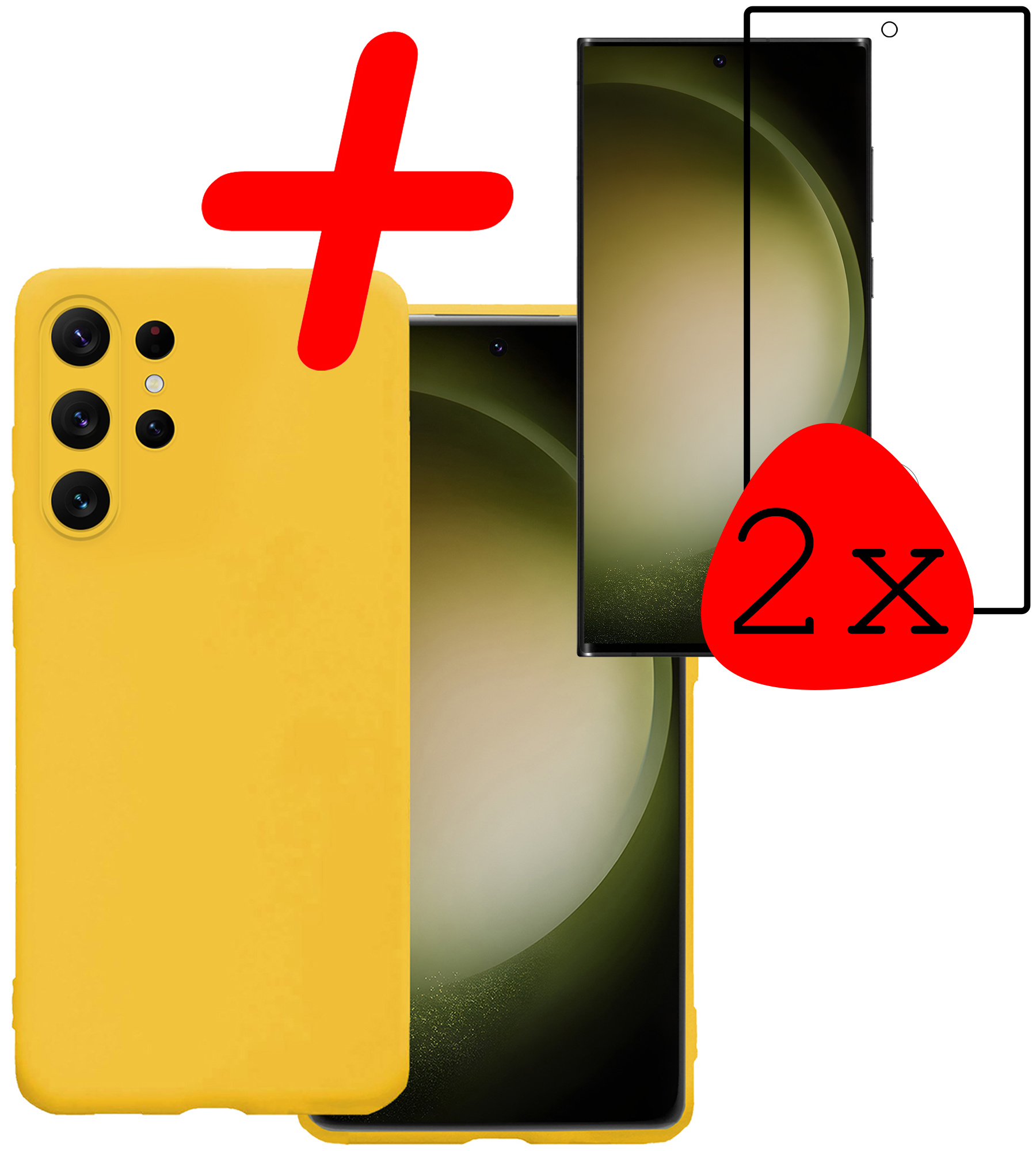 BASEY. Hoes Geschikt voor Samsung S23 Ultra Hoesje Siliconen Back Cover Case Met 2x Screenprotector - Hoesje Geschikt voor Samsung Galaxy S23 Ultra Hoes Cover Hoesje - Geel