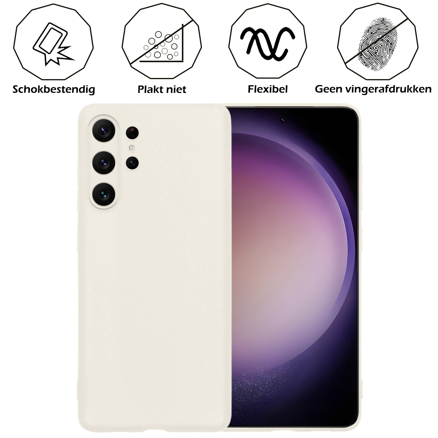 Nomfy Hoesje Geschikt voor Samsung S23 Ultra Hoesje Siliconen Cover Case Met 2x Screenprotector - Hoes Geschikt voor Samsung Galaxy S23 Ultra Hoes Back Case - Wit