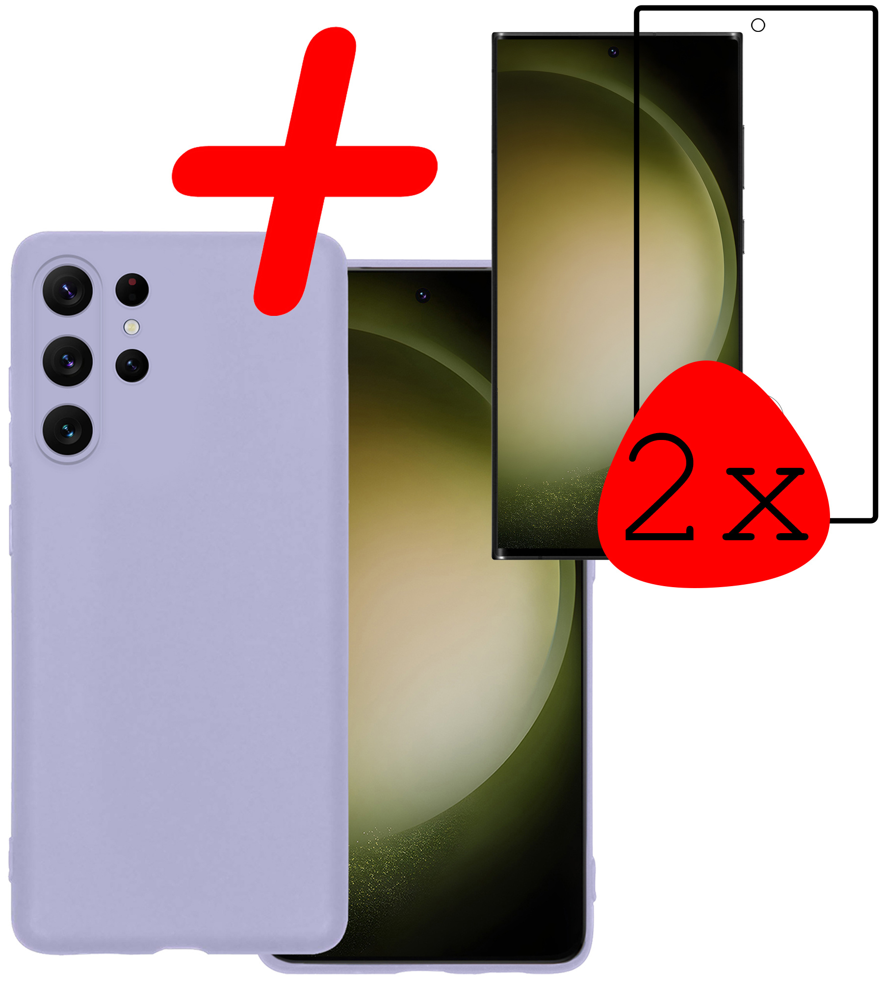 BASEY. Hoes Geschikt voor Samsung S23 Ultra Hoesje Siliconen Back Cover Case Met 2x Screenprotector - Hoesje Geschikt voor Samsung Galaxy S23 Ultra Hoes Cover Hoesje - Lila