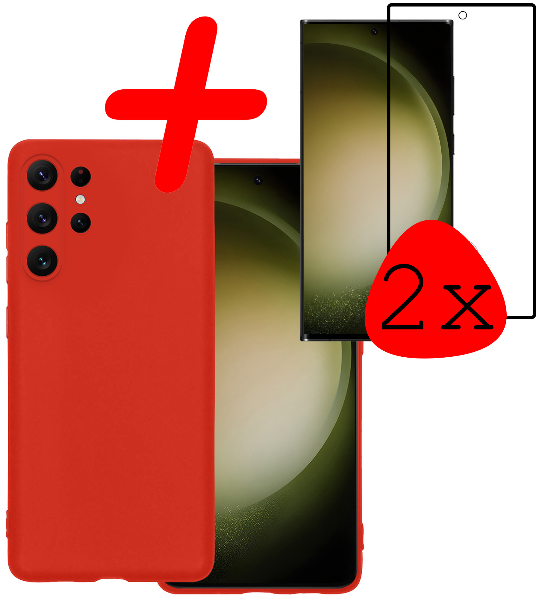 BASEY. Hoes Geschikt voor Samsung S23 Ultra Hoesje Siliconen Back Cover Case Met 2x Screenprotector - Hoesje Geschikt voor Samsung Galaxy S23 Ultra Hoes Cover Hoesje - Rood