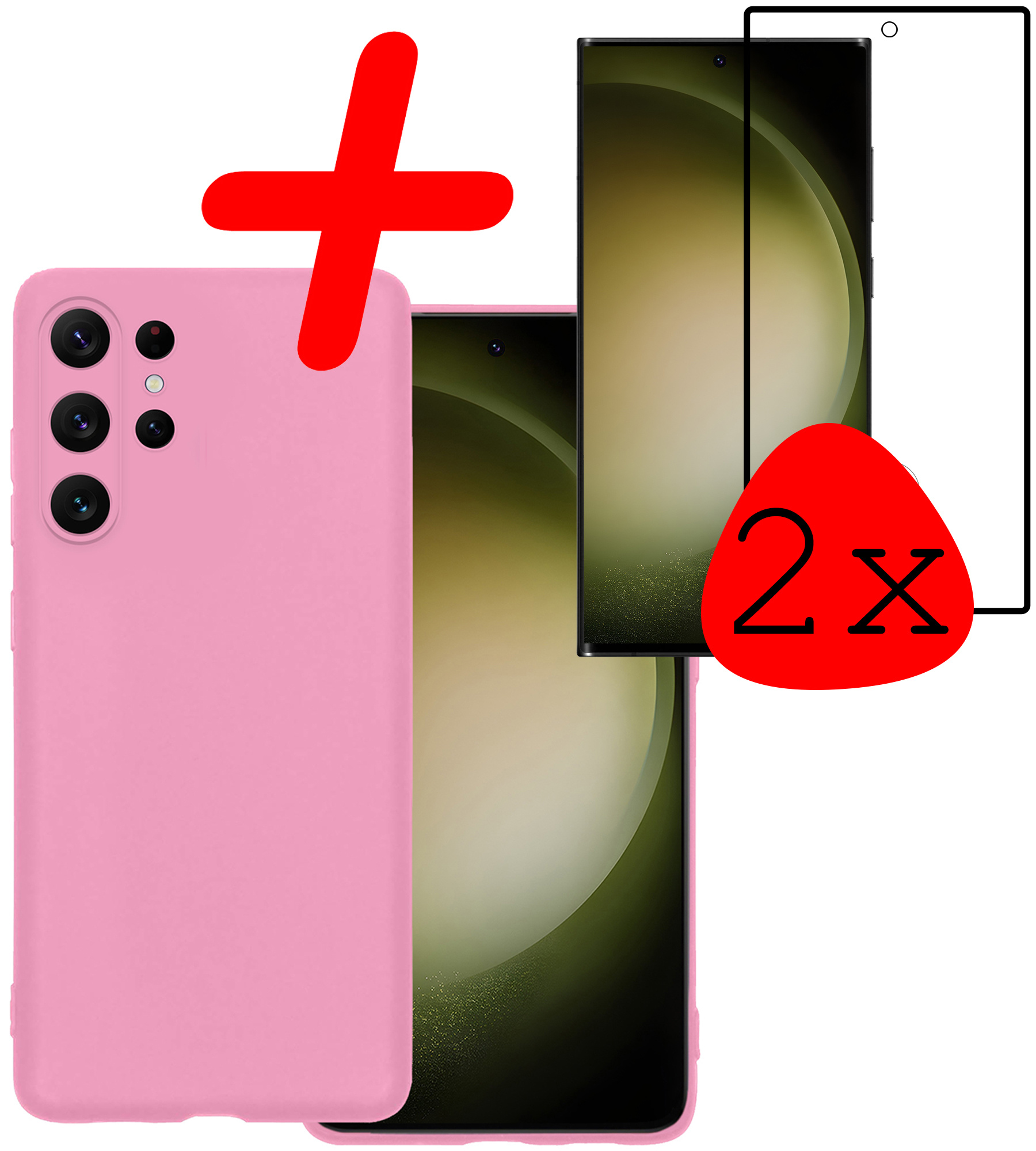 BASEY. Hoes Geschikt voor Samsung S23 Ultra Hoesje Siliconen Back Cover Case Met 2x Screenprotector - Hoesje Geschikt voor Samsung Galaxy S23 Ultra Hoes Cover Hoesje - Lichtroze