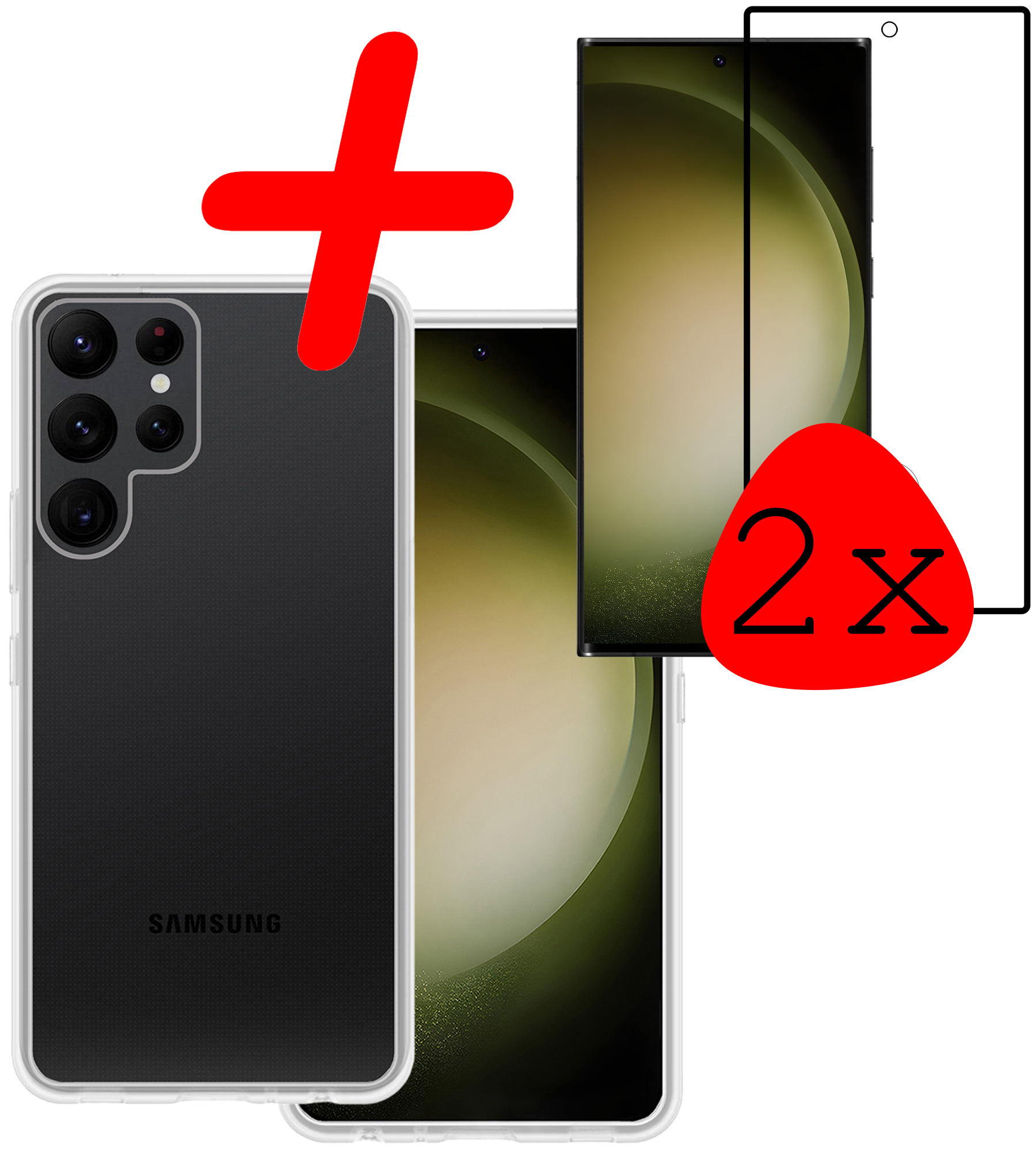 BASEY. Hoes Geschikt voor Samsung S23 Ultra Hoesje Siliconen Back Cover Case Met 2x Screenprotector - Hoesje Geschikt voor Samsung Galaxy S23 Ultra Hoes Cover Hoesje - Transparant