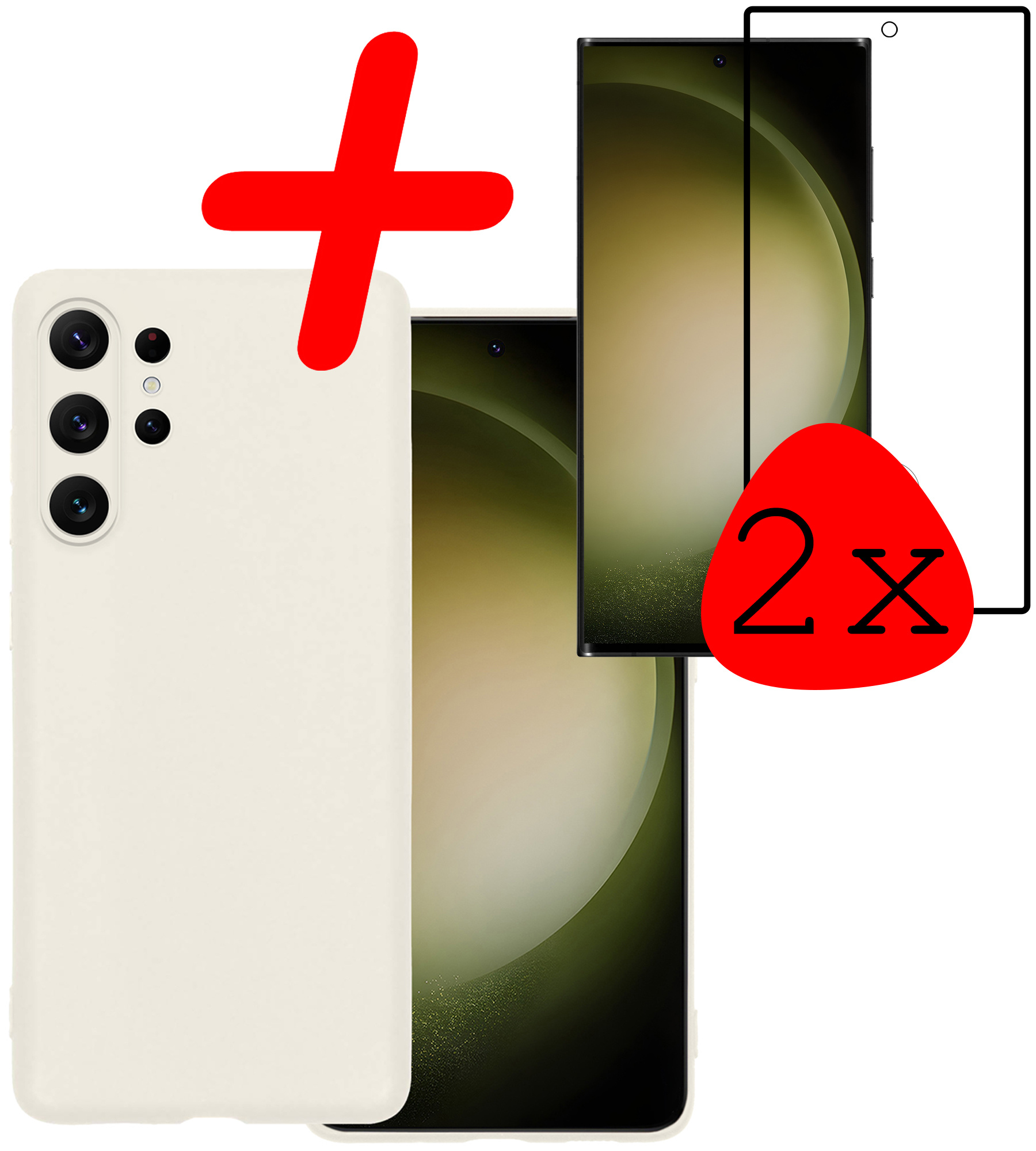 BASEY. Hoes Geschikt voor Samsung S23 Ultra Hoesje Siliconen Back Cover Case Met 2x Screenprotector - Hoesje Geschikt voor Samsung Galaxy S23 Ultra Hoes Cover Hoesje - Wit