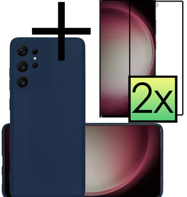 NoXx Samsung Galaxy S23 Ultra Hoesje Siliconen Met 2x Screenprotector - Donkerblauw