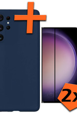 Nomfy Hoesje Geschikt voor Samsung S23 Ultra Hoesje Siliconen Cover Case Met 2x Screenprotector - Hoes Geschikt voor Samsung Galaxy S23 Ultra Hoes Back Case - Donkerblauw