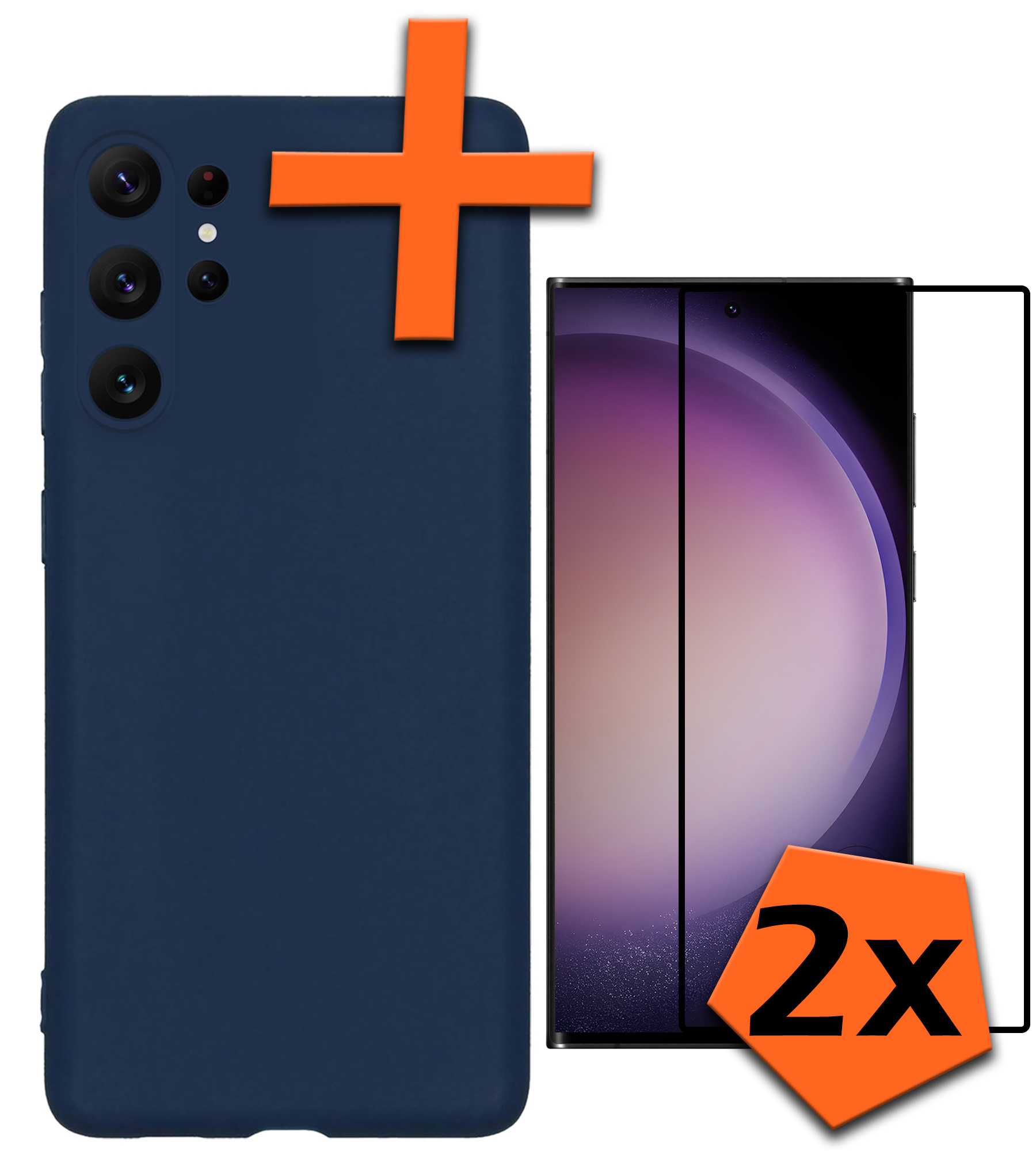 Nomfy Hoesje Geschikt voor Samsung S23 Ultra Hoesje Siliconen Cover Case Met 2x Screenprotector - Hoes Geschikt voor Samsung Galaxy S23 Ultra Hoes Back Case - Donkerblauw