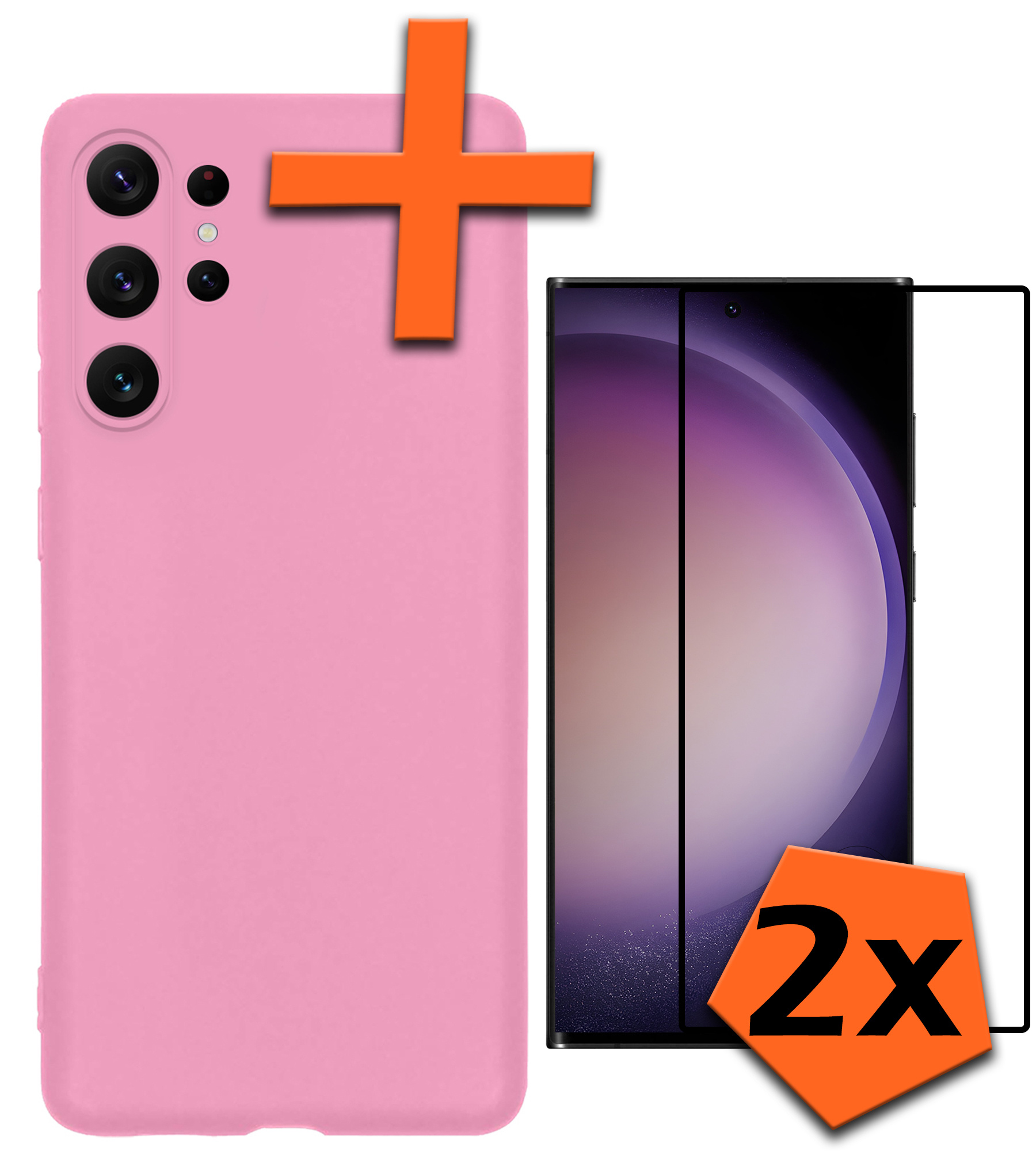 Nomfy Hoesje Geschikt voor Samsung S23 Ultra Hoesje Siliconen Cover Case Met 2x Screenprotector - Hoes Geschikt voor Samsung Galaxy S23 Ultra Hoes Back Case - Lichtroze