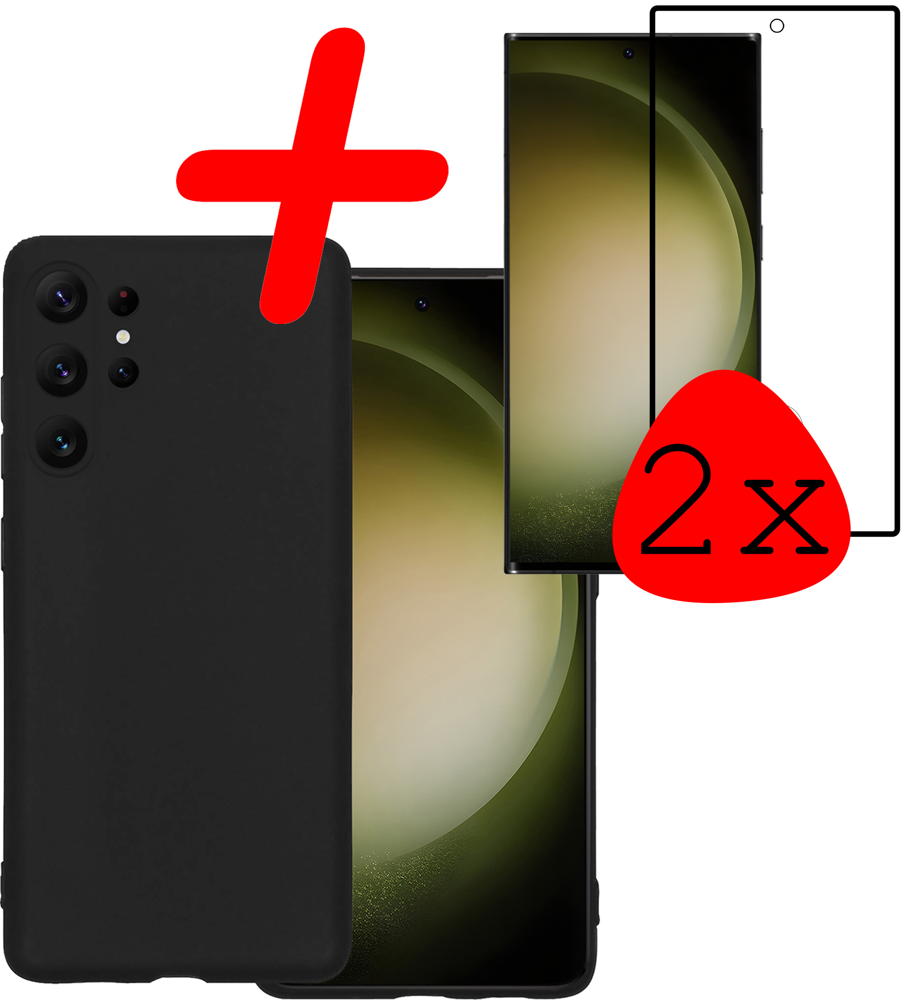 BASEY. Hoes Geschikt voor Samsung S23 Ultra Hoesje Siliconen Back Cover Case Met 2x Screenprotector - Hoesje Geschikt voor Samsung Galaxy S23 Ultra Hoes Cover Hoesje - Zwart