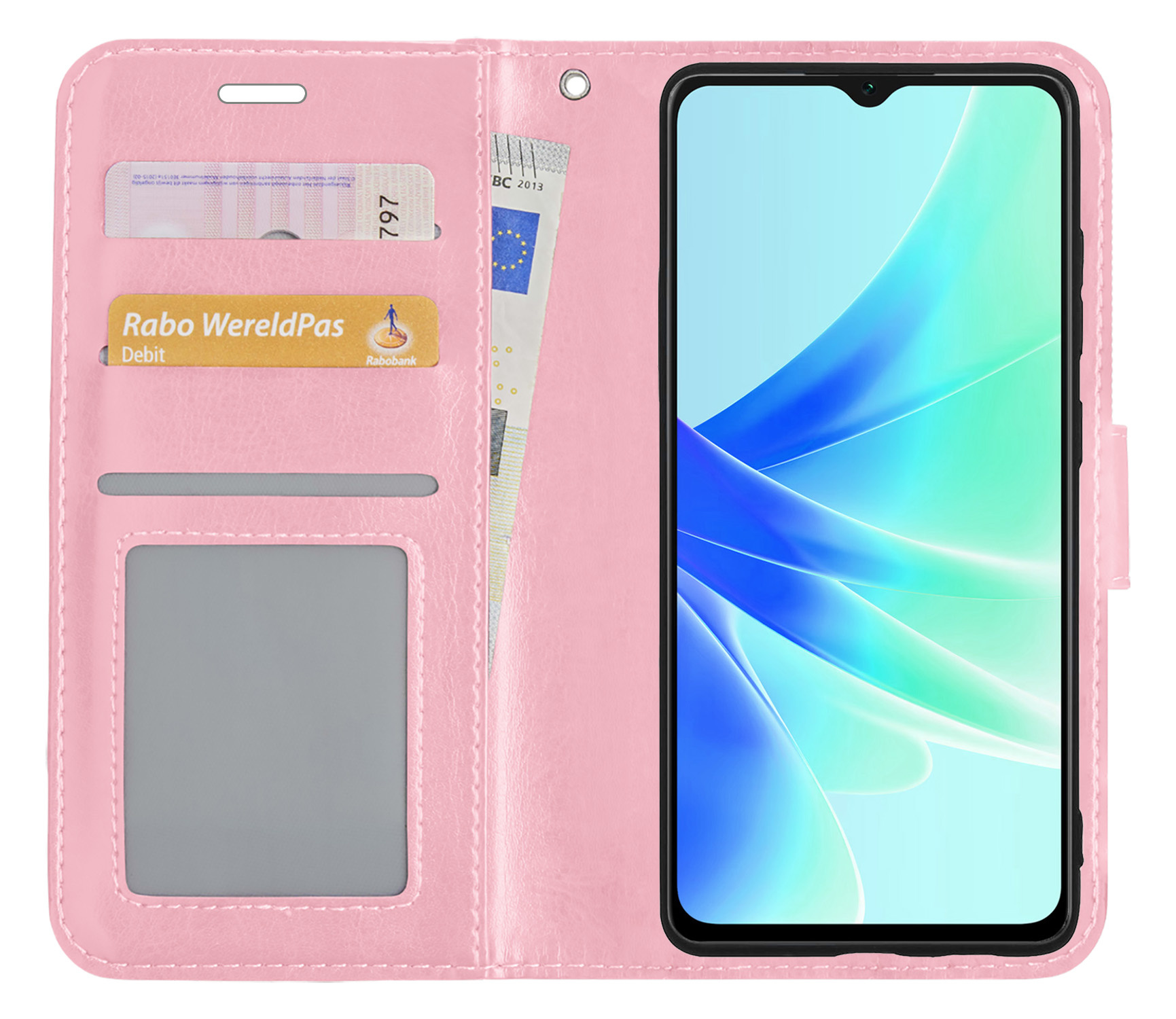 BASEY. Hoes Geschikt voor OPPO A17 Hoesje Bookcase Hoes Flip Case Book Cover - Hoesje Geschikt voor OPPO A17 Hoes Book Case Hoesje - Lichtroze