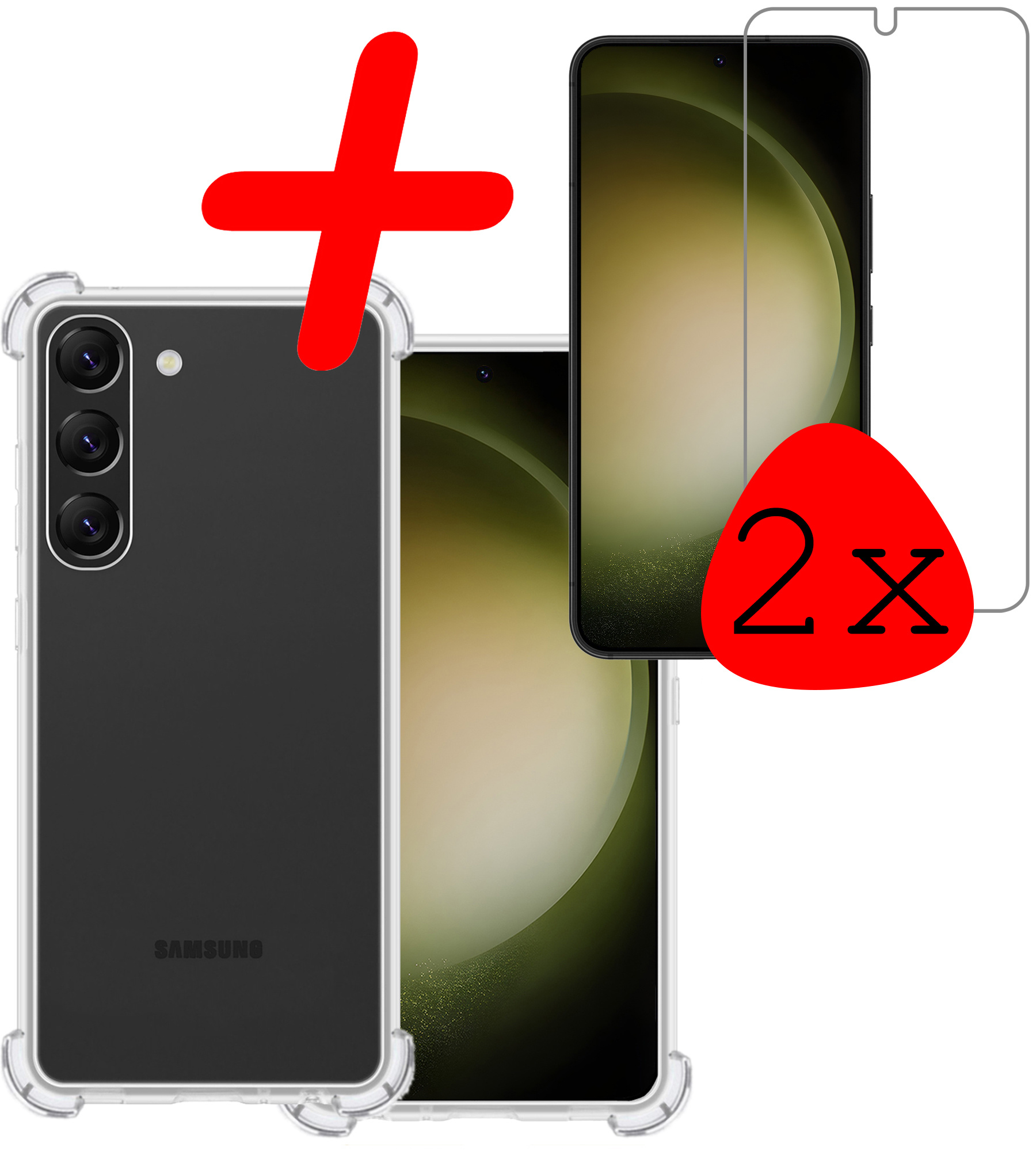 BASEY. Hoes Geschikt voor Samsung S23 Plus Hoesje Shock Proof Case Hoes Siliconen Met 2x Screenprotector - Hoesje Geschikt voor Samsung Galaxy S23 Plus Hoes Cover Shockproof - Transparant