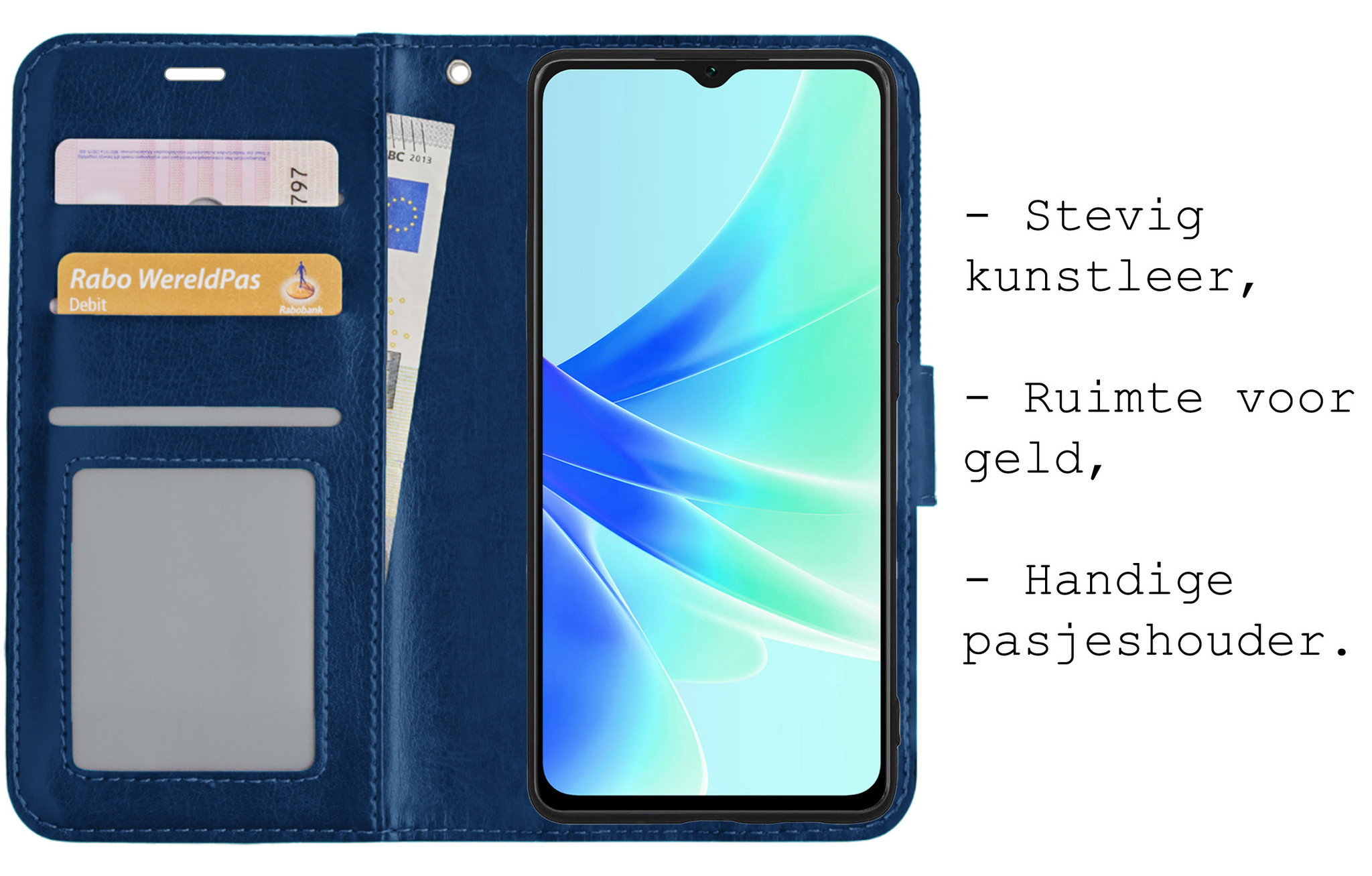 BASEY. Hoes Geschikt voor OPPO A17 Hoesje Bookcase Hoes Flip Case Book Cover Met 2x Screenprotector - Hoesje Geschikt voor OPPO A17 Hoes Book Case Hoesje - Donkerblauw