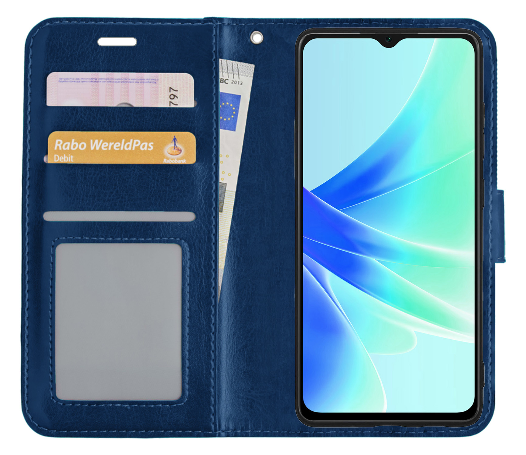 BASEY. Hoes Geschikt voor OPPO A17 Hoesje Bookcase Hoes Flip Case Book Cover Met 2x Screenprotector - Hoesje Geschikt voor OPPO A17 Hoes Book Case Hoesje - Donkerblauw