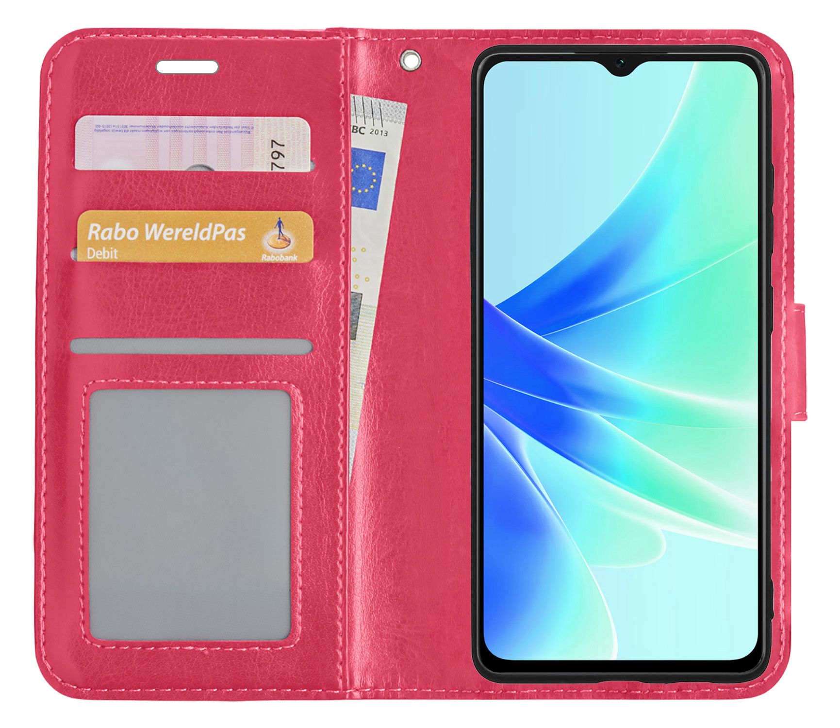 BASEY. Hoes Geschikt voor OPPO A17 Hoesje Bookcase Hoes Flip Case Book Cover Met 2x Screenprotector - Hoesje Geschikt voor OPPO A17 Hoes Book Case Hoesje - Donkerroze