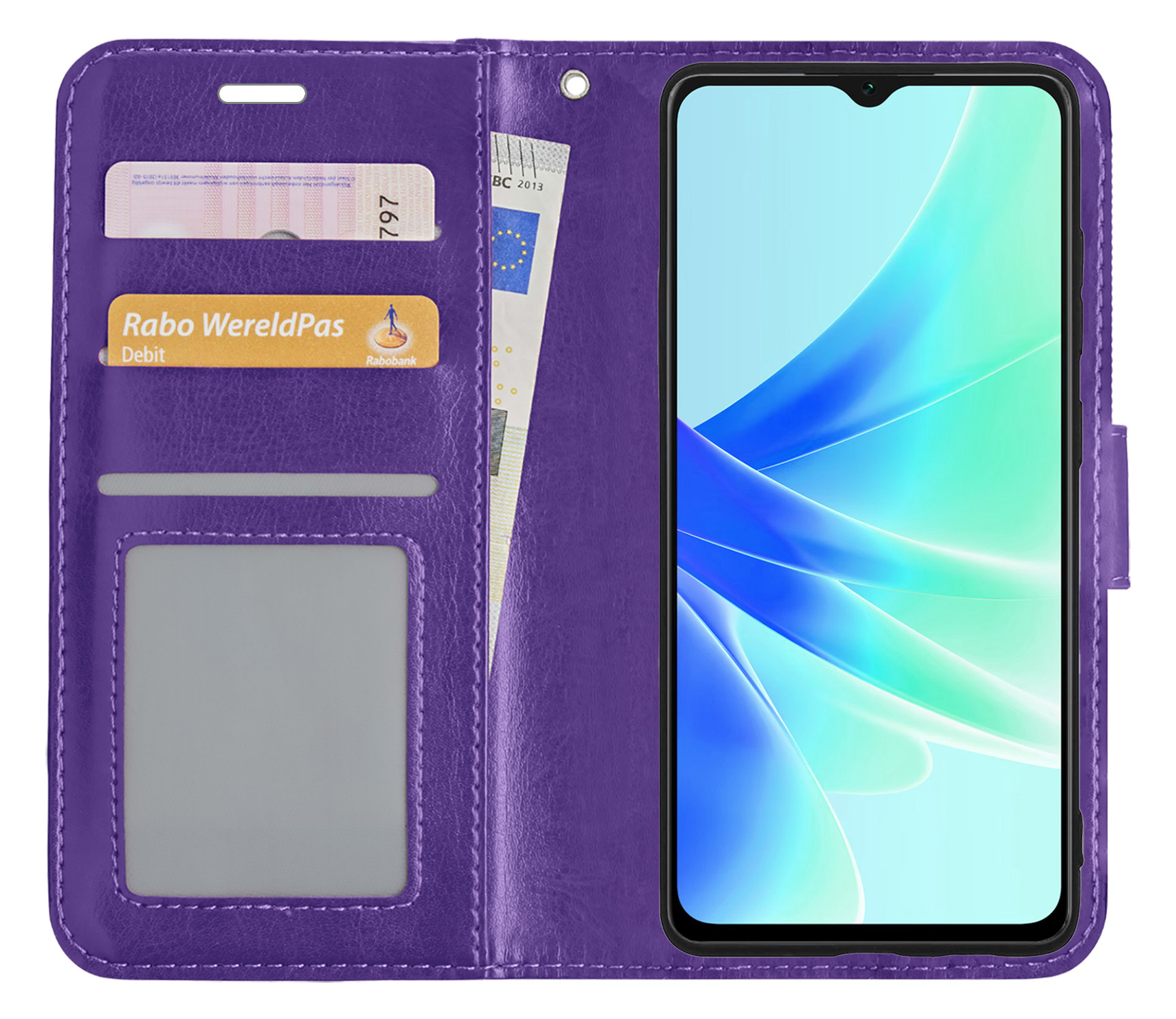 OPPO A17 Hoesje Bookcase Hoes Flip Case Book Cover 2x Met Screenprotector - OPPO A17 Hoes Book Case Hoesje - Paars
