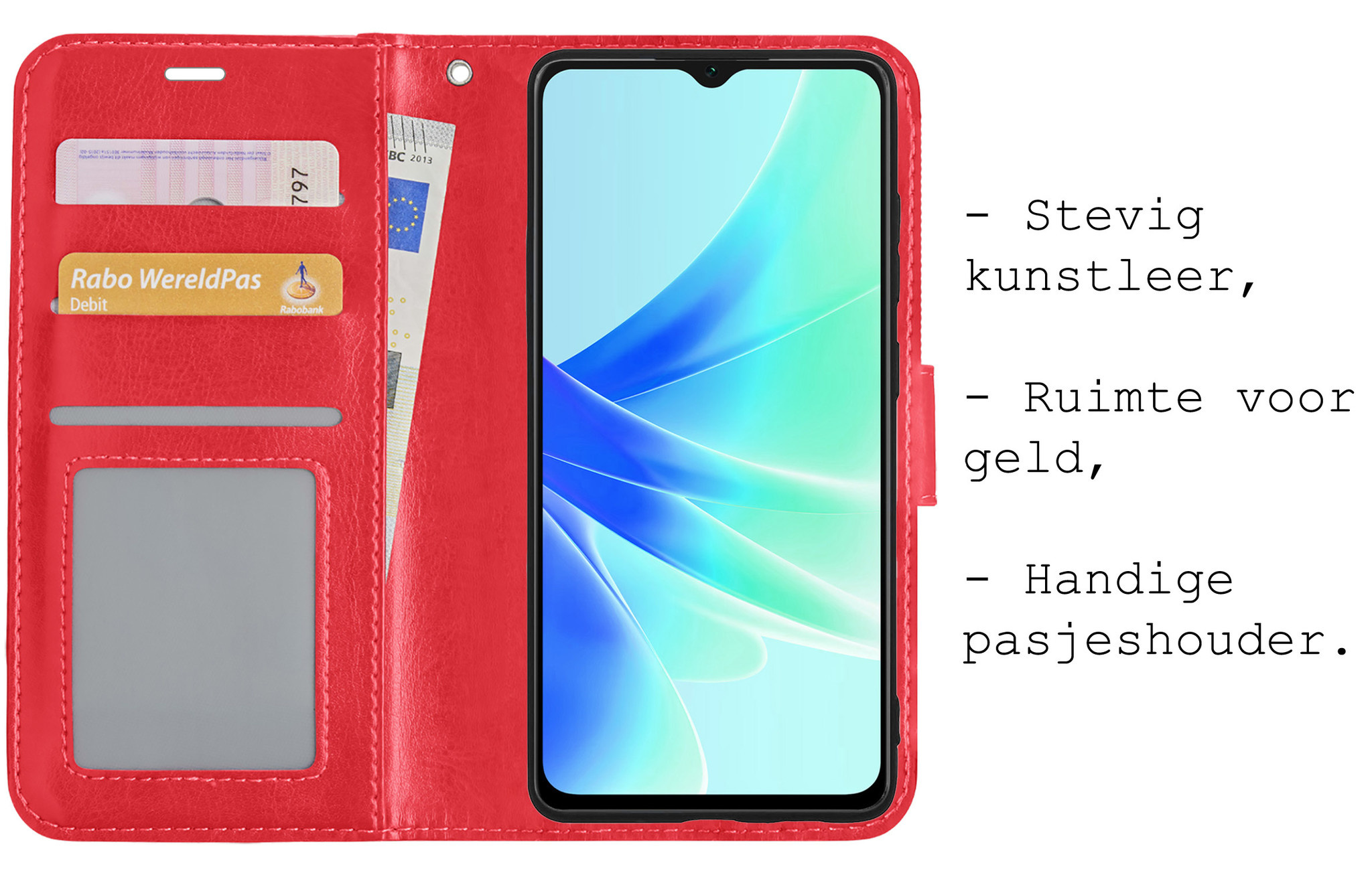 BASEY. Hoes Geschikt voor OPPO A17 Hoesje Bookcase Hoes Flip Case Book Cover Met 2x Screenprotector - Hoesje Geschikt voor OPPO A17 Hoes Book Case Hoesje - Rood