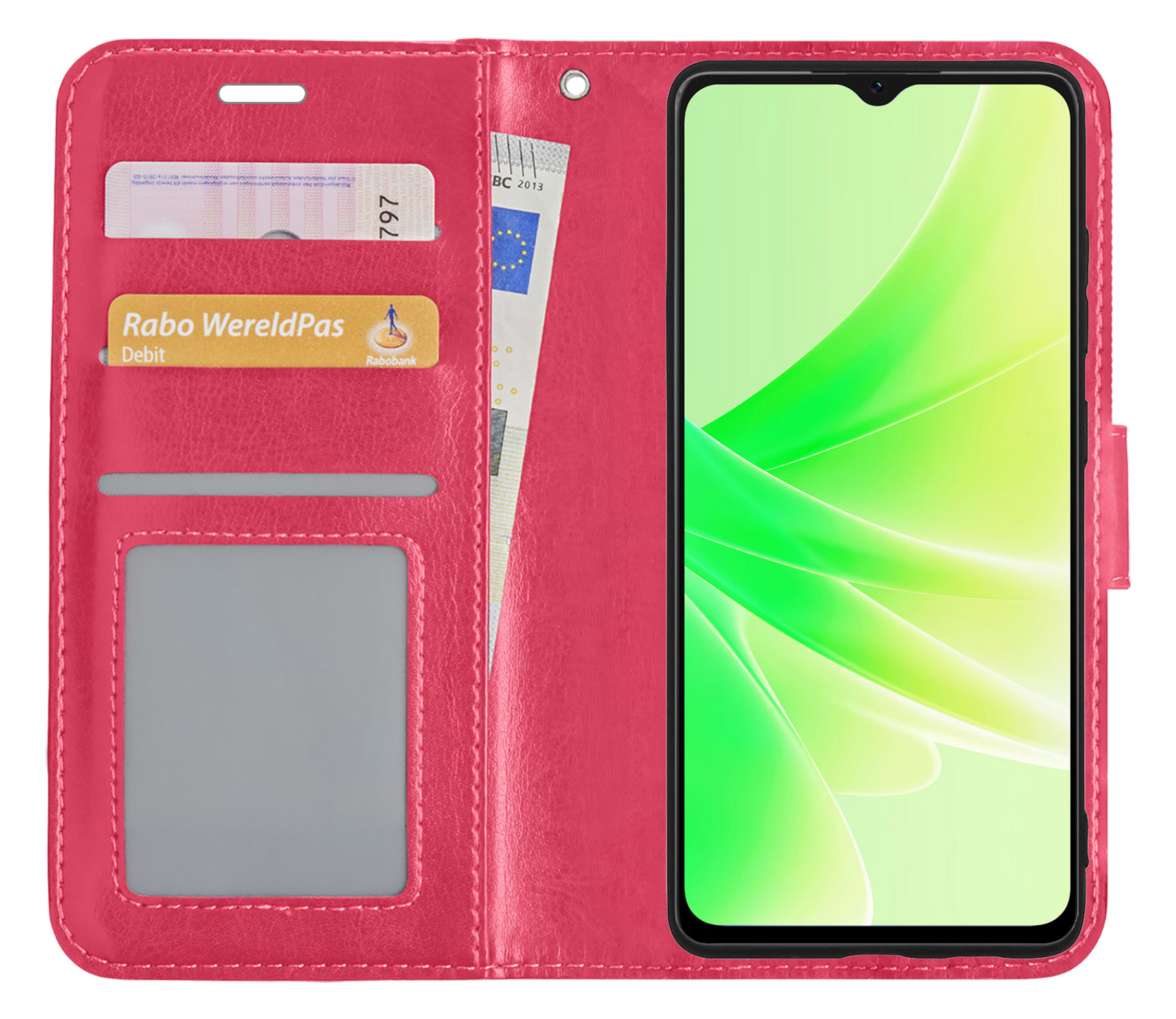 Nomfy Hoesje Geschikt voor OPPO A17 Hoes Bookcase Flipcase Book Cover Met 2x Screenprotector - Hoes Geschikt voor OPPO A17 Hoesje Book Case - Donkerroze