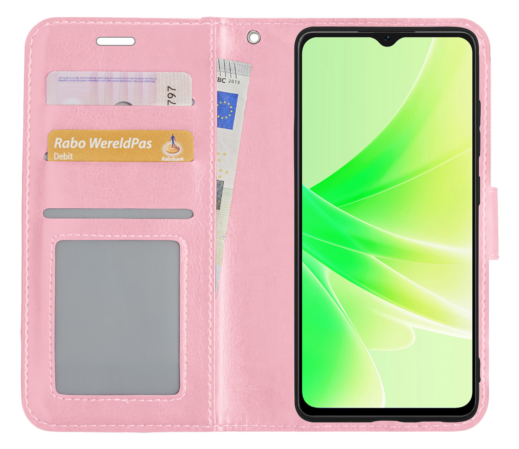 Nomfy OPPO A17 Hoes Bookcase Flipcase Book Cover Met 2x Screenprotector - OPPO A17 Hoesje Book Case - Lichtroze