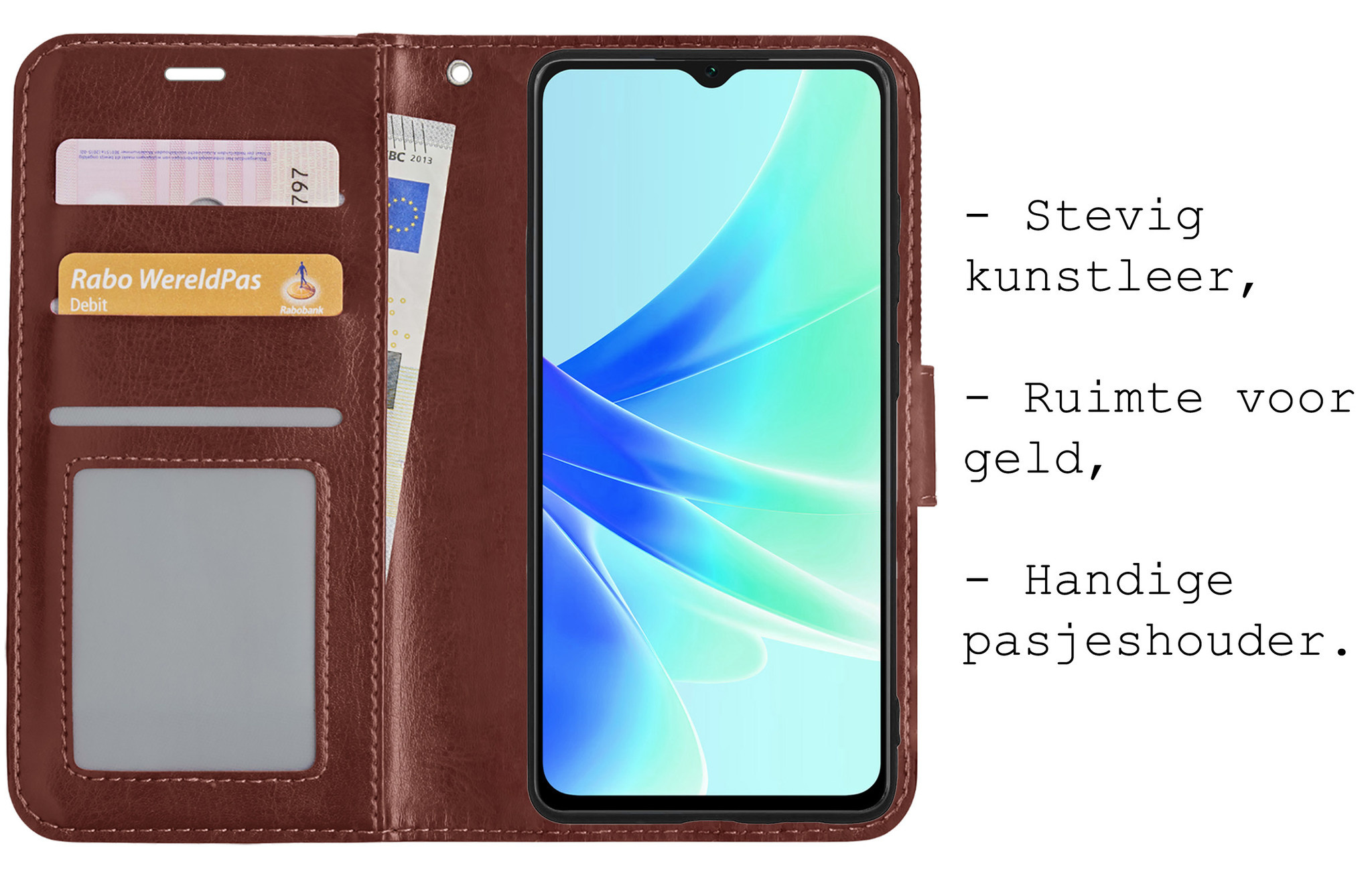 BASEY. Hoes Geschikt voor OPPO A57 Hoesje Bookcase Hoes Flip Case Book Cover Met Screenprotector - Hoesje Geschikt voor OPPO A57 Hoes Book Case Hoesje - Bruin