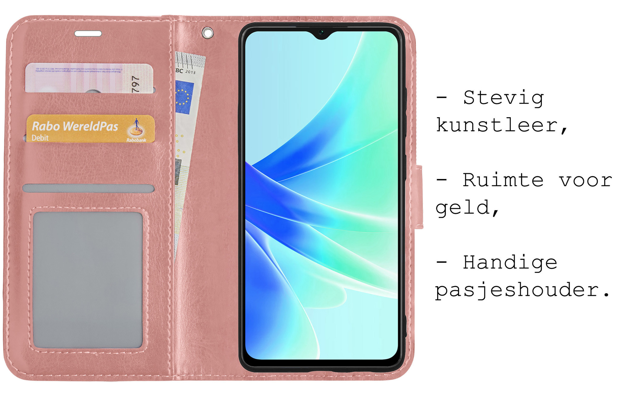 BASEY. Hoes Geschikt voor OPPO A57 Hoesje Bookcase Hoes Flip Case Book Cover Met Screenprotector - Hoesje Geschikt voor OPPO A57 Hoes Book Case Hoesje - Rosé goud
