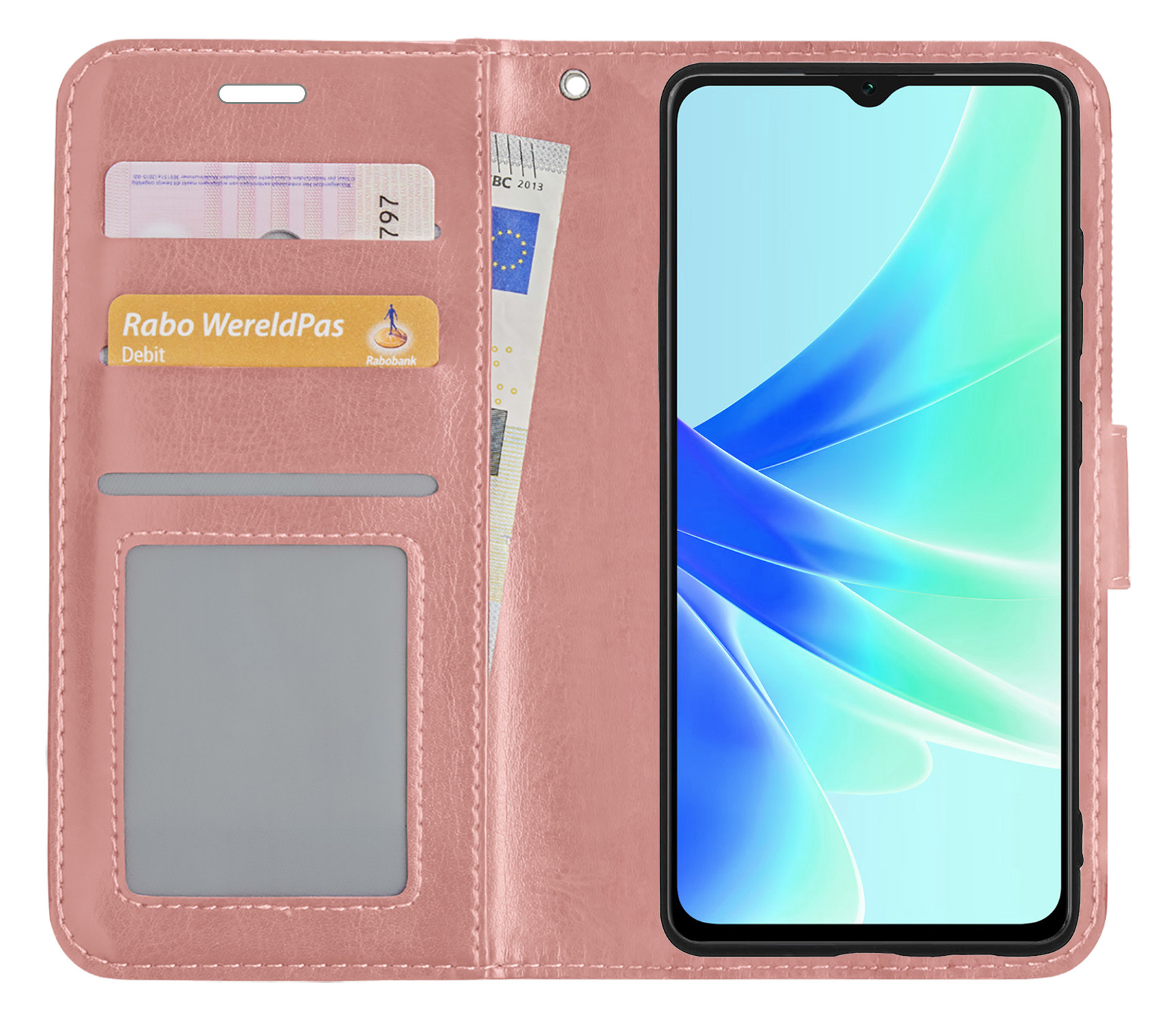BASEY. Hoes Geschikt voor OPPO A57 Hoesje Bookcase Hoes Flip Case Book Cover Met Screenprotector - Hoesje Geschikt voor OPPO A57 Hoes Book Case Hoesje - Rosé goud