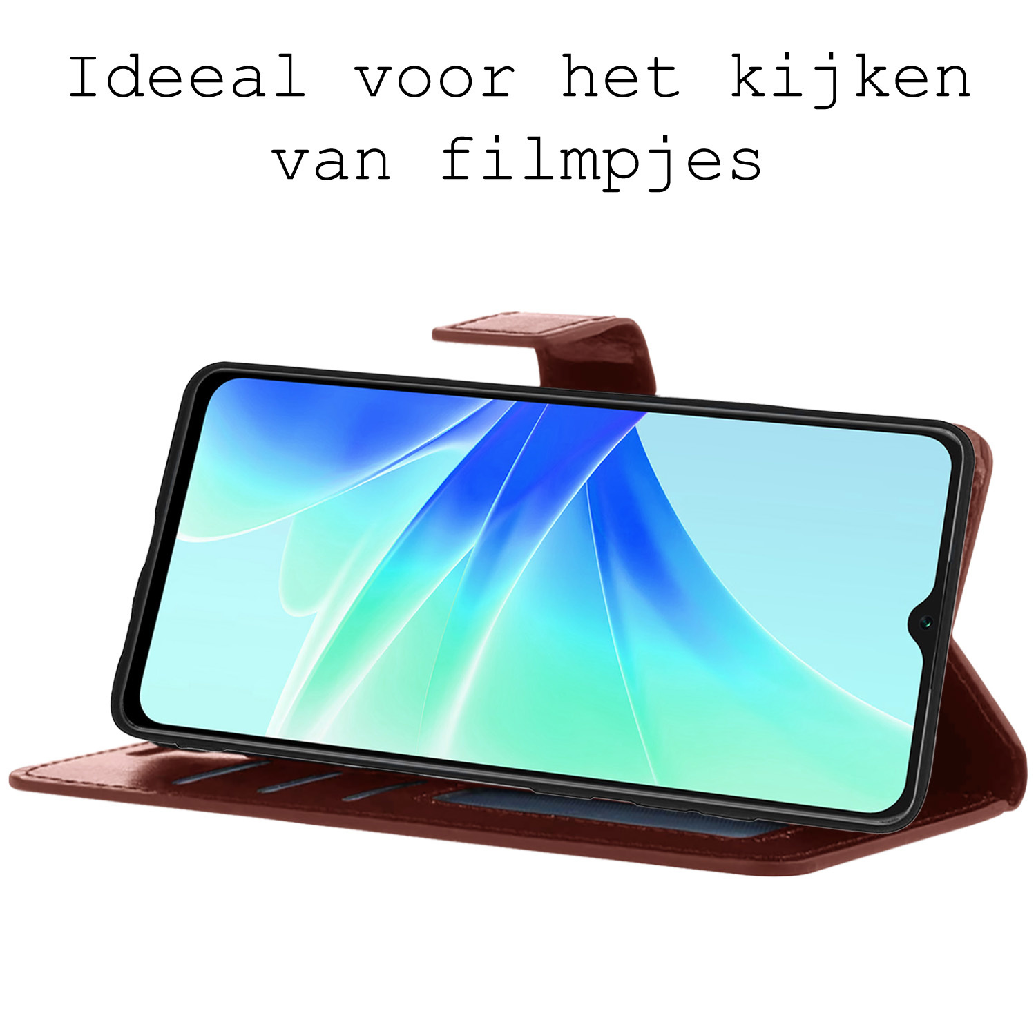 BASEY. Hoes Geschikt voor OPPO A57 Hoesje Bookcase Hoes Flip Case Book Cover Met 2x Screenprotector - Hoesje Geschikt voor OPPO A57 Hoes Book Case Hoesje - Bruin