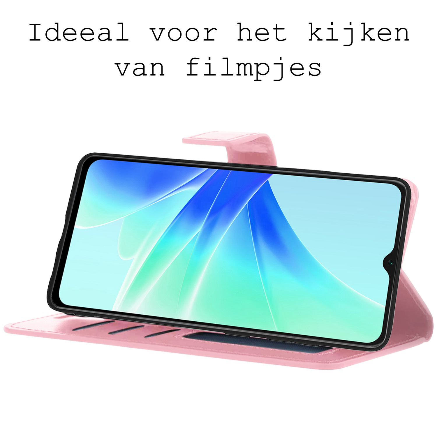 BASEY. Hoes Geschikt voor OPPO A57 Hoesje Bookcase Hoes Flip Case Book Cover Met 2x Screenprotector - Hoesje Geschikt voor OPPO A57 Hoes Book Case Hoesje - Lichtroze