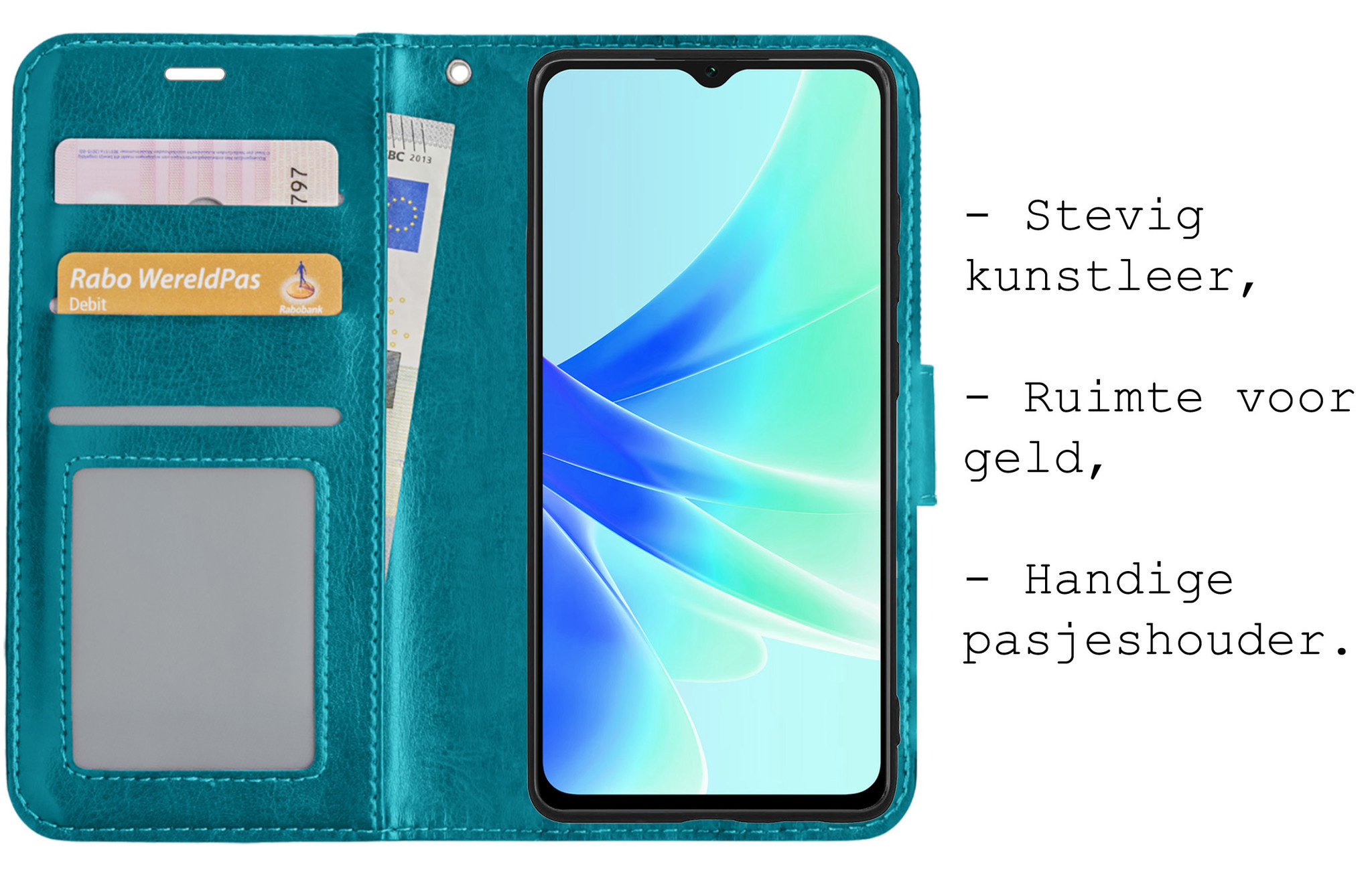 BASEY. Hoes Geschikt voor OPPO A57 Hoesje Bookcase Hoes Flip Case Book Cover Met 2x Screenprotector - Hoesje Geschikt voor OPPO A57 Hoes Book Case Hoesje - Turquoise