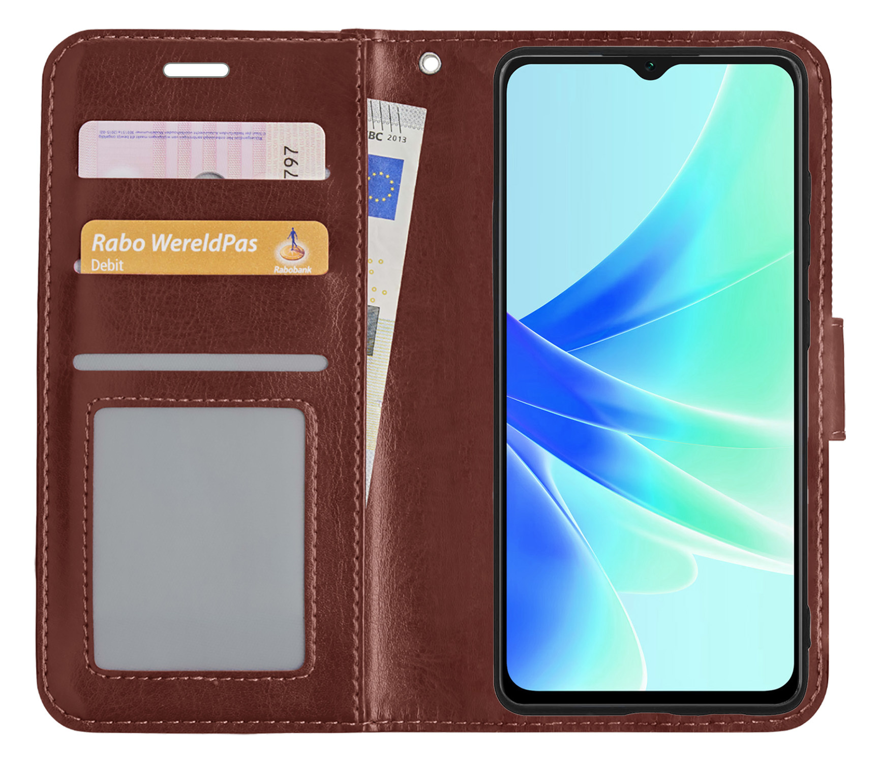 BASEY. Hoes Geschikt voor OPPO A57s Hoesje Bookcase Hoes Flip Case Book Cover Met Screenprotector - Hoesje Geschikt voor OPPO A57s Hoes Book Case Hoesje - Bruin