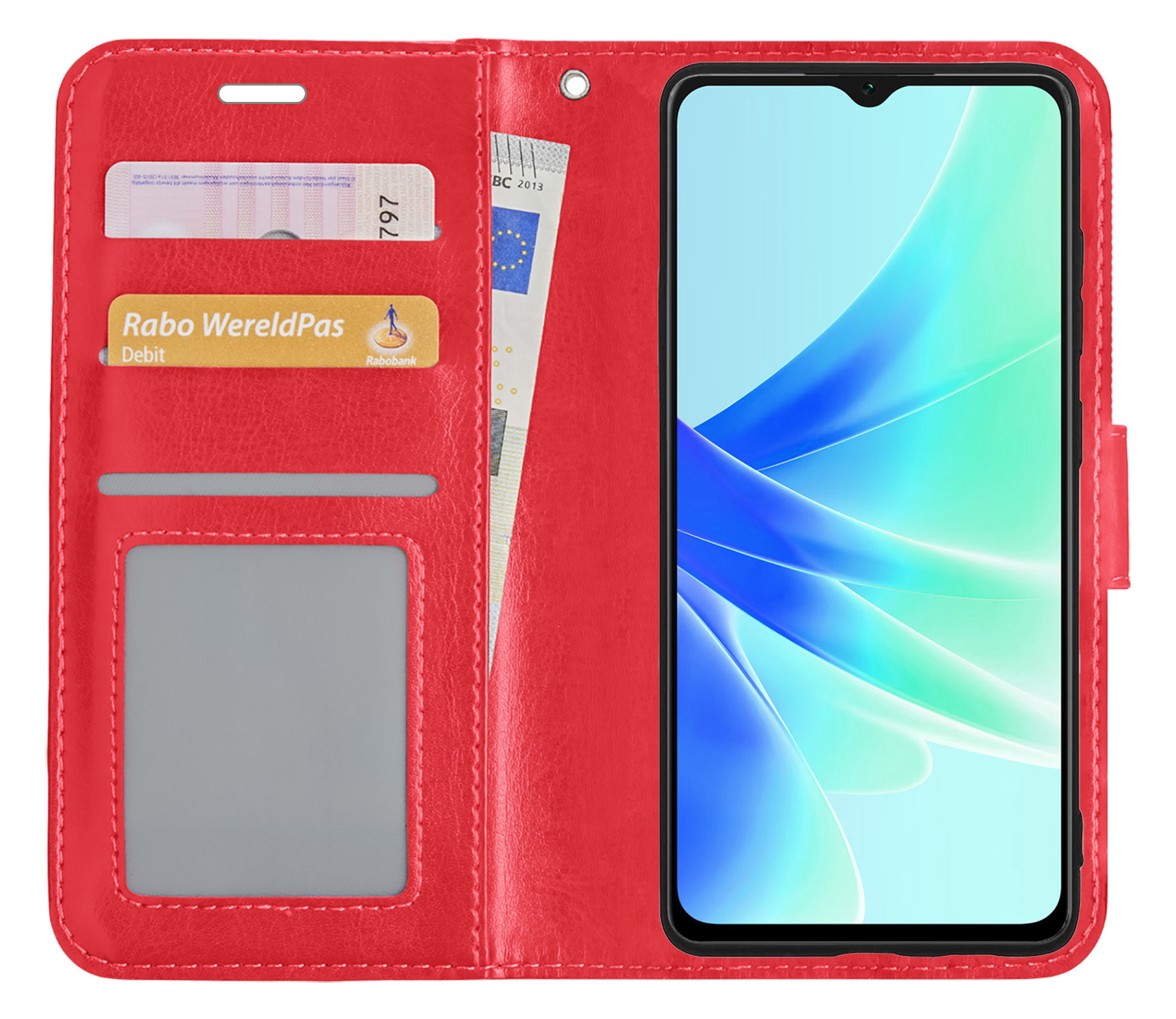 BASEY. Hoes Geschikt voor OPPO A57s Hoesje Bookcase Hoes Flip Case Book Cover Met Screenprotector - Hoesje Geschikt voor OPPO A57s Hoes Book Case Hoesje - Rood