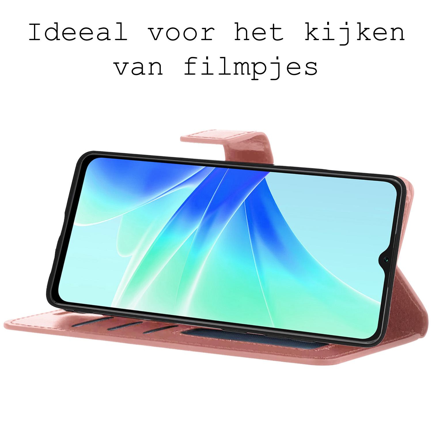 BASEY. Hoes Geschikt voor OPPO A57s Hoesje Bookcase Hoes Flip Case Book Cover Met Screenprotector - Hoesje Geschikt voor OPPO A57s Hoes Book Case Hoesje - Rosé goud