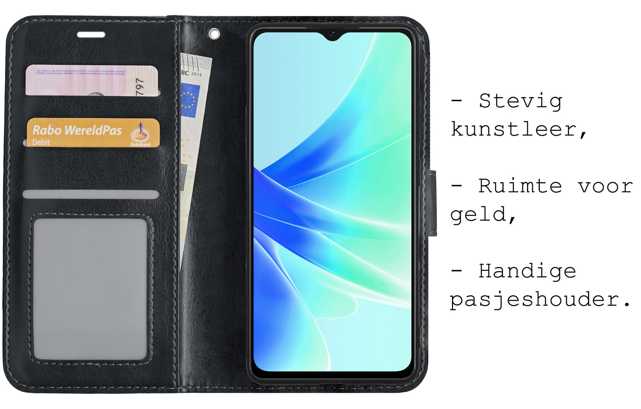 BASEY. Hoes Geschikt voor OPPO A57s Hoesje Bookcase Hoes Flip Case Book Cover Met Screenprotector - Hoesje Geschikt voor OPPO A57s Hoes Book Case Hoesje - Zwart