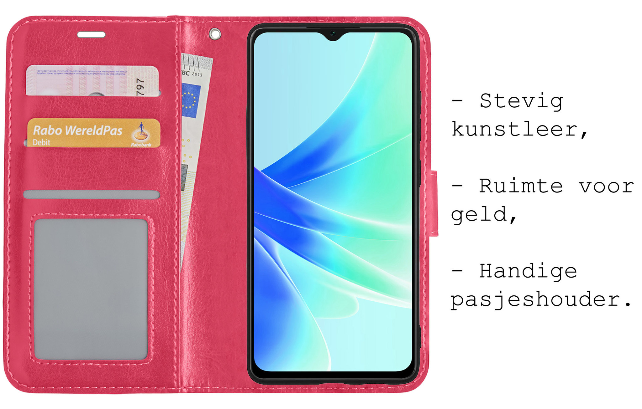 BASEY. Hoes Geschikt voor OPPO A57s Hoesje Bookcase Hoes Flip Case Book Cover Met 2x Screenprotector - Hoesje Geschikt voor OPPO A57s Hoes Book Case Hoesje - Donkerroze